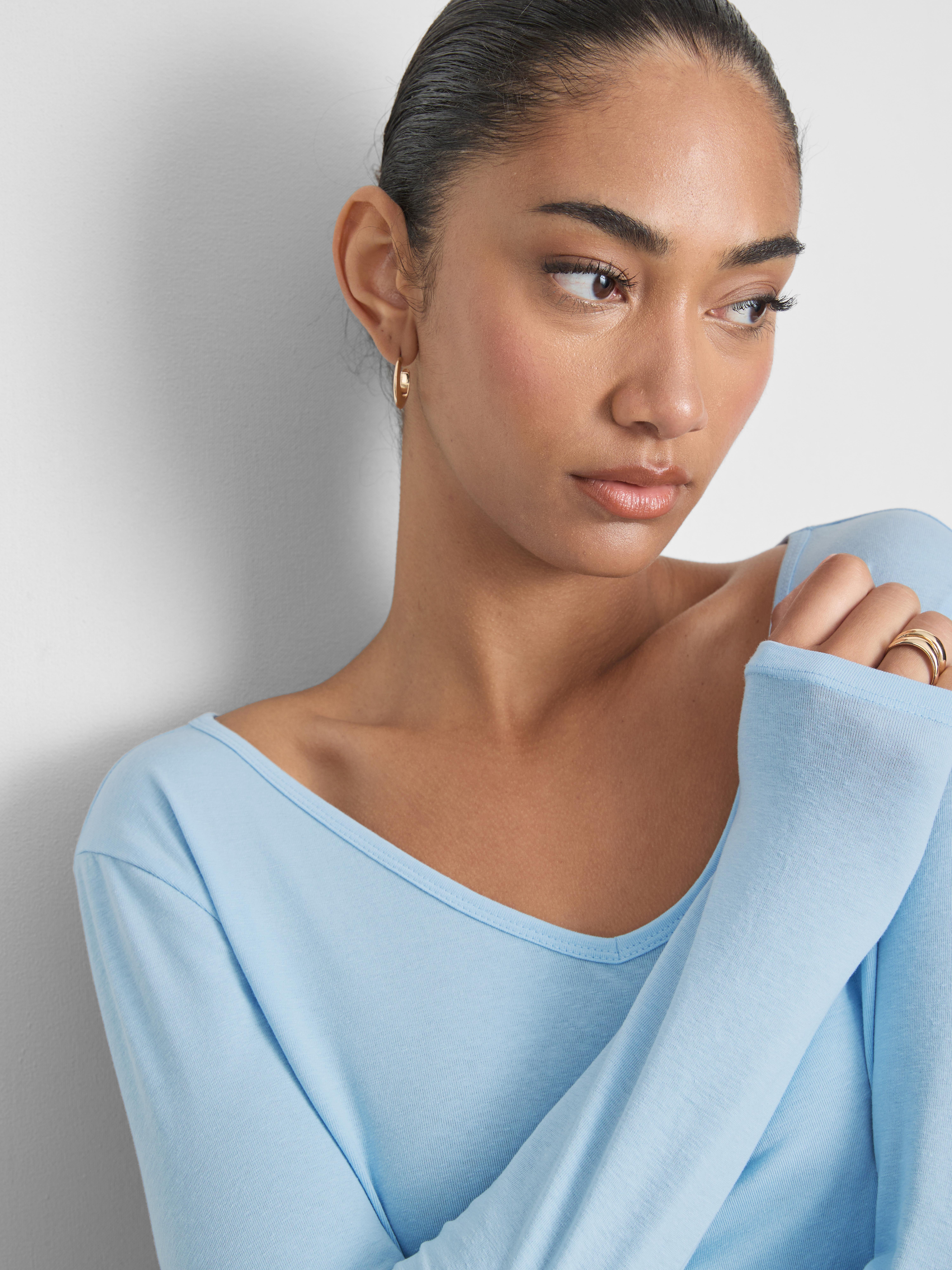 Cotton-Rich Long-Sleeve V-Neck Stretch Top - Light Blue