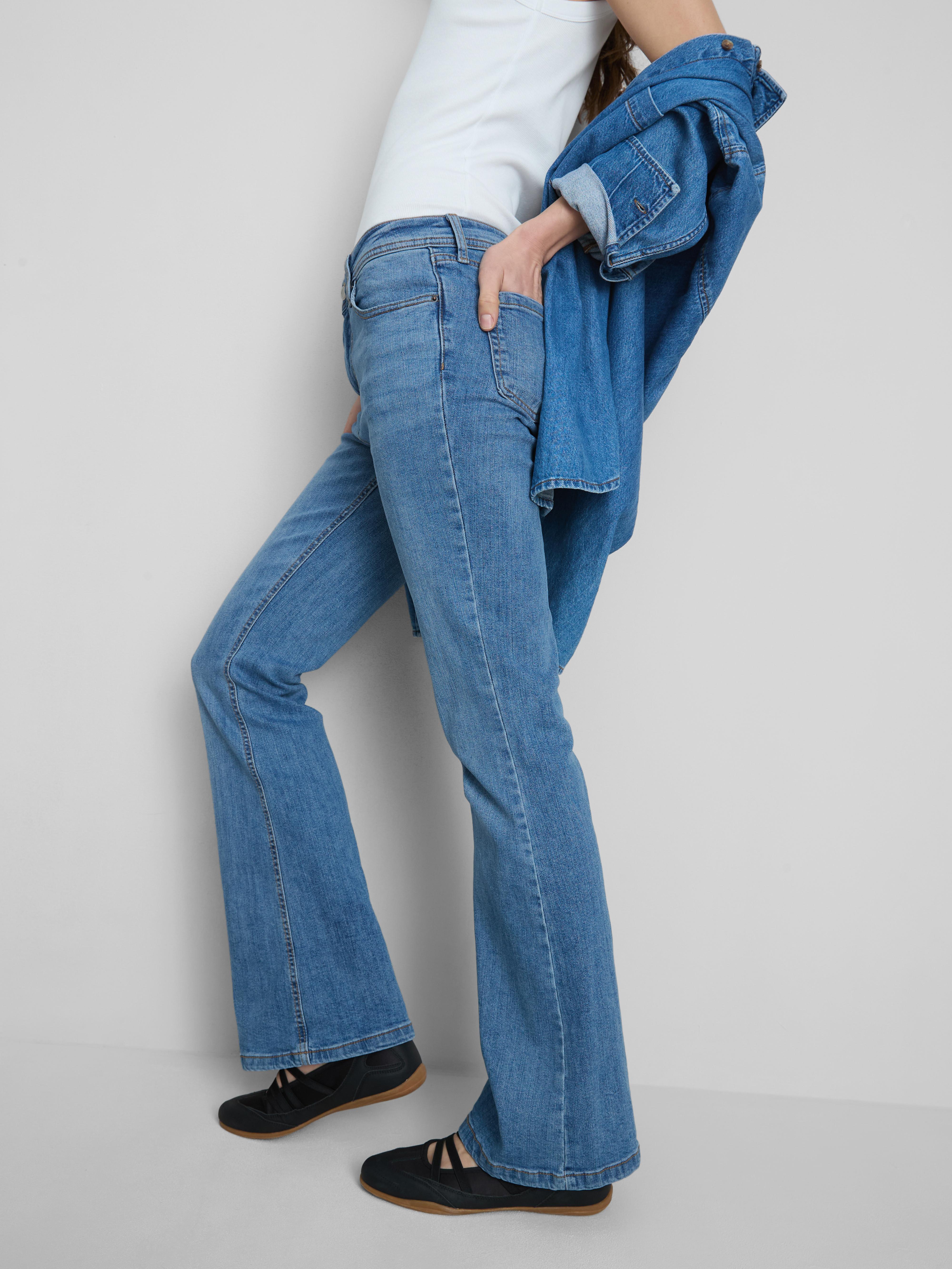 Cotton Denim Flared Mid-Rise Jeans - Mid Blue