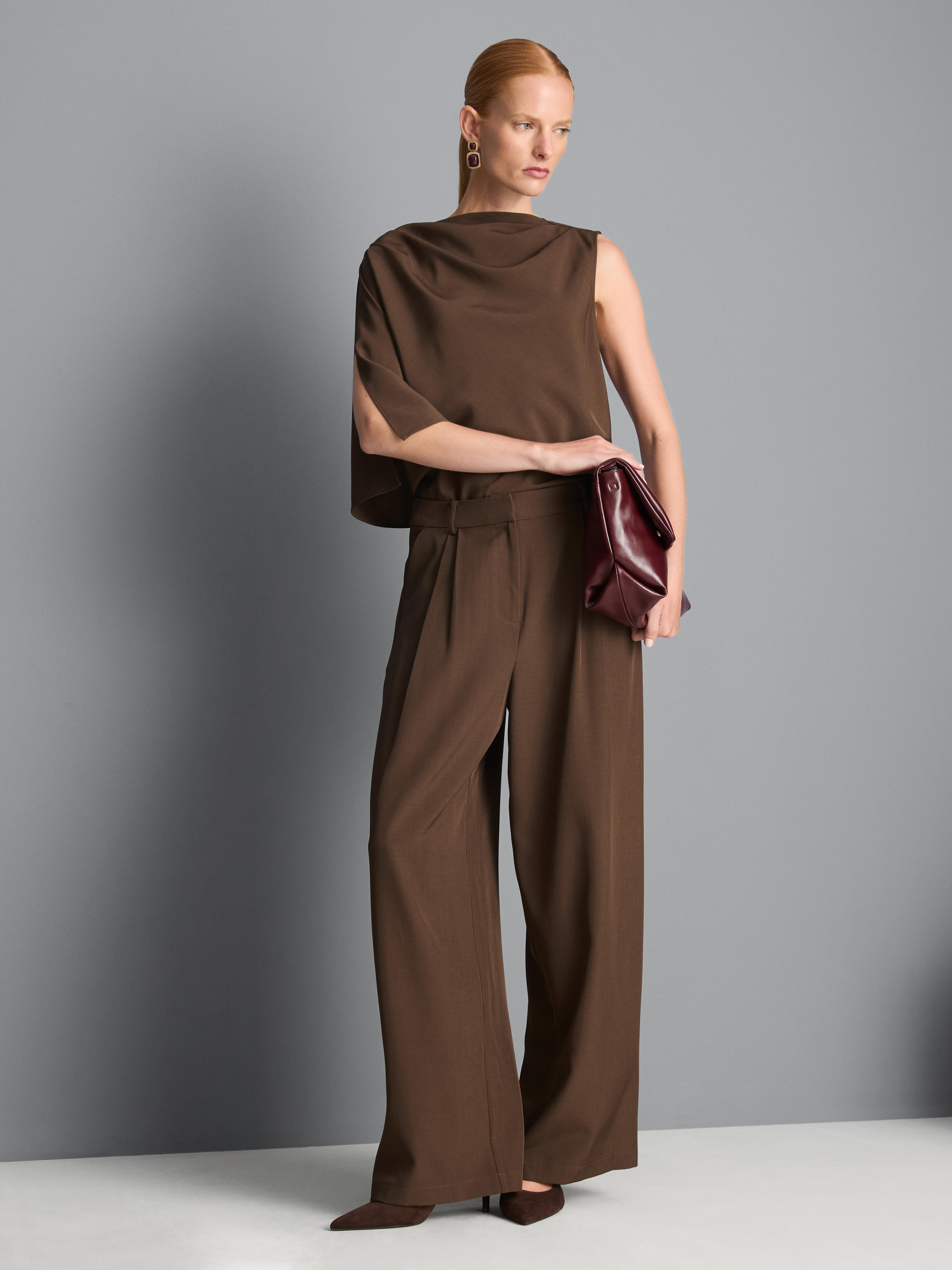 High Waisted Pleated Wide Leg Pants - Mocha