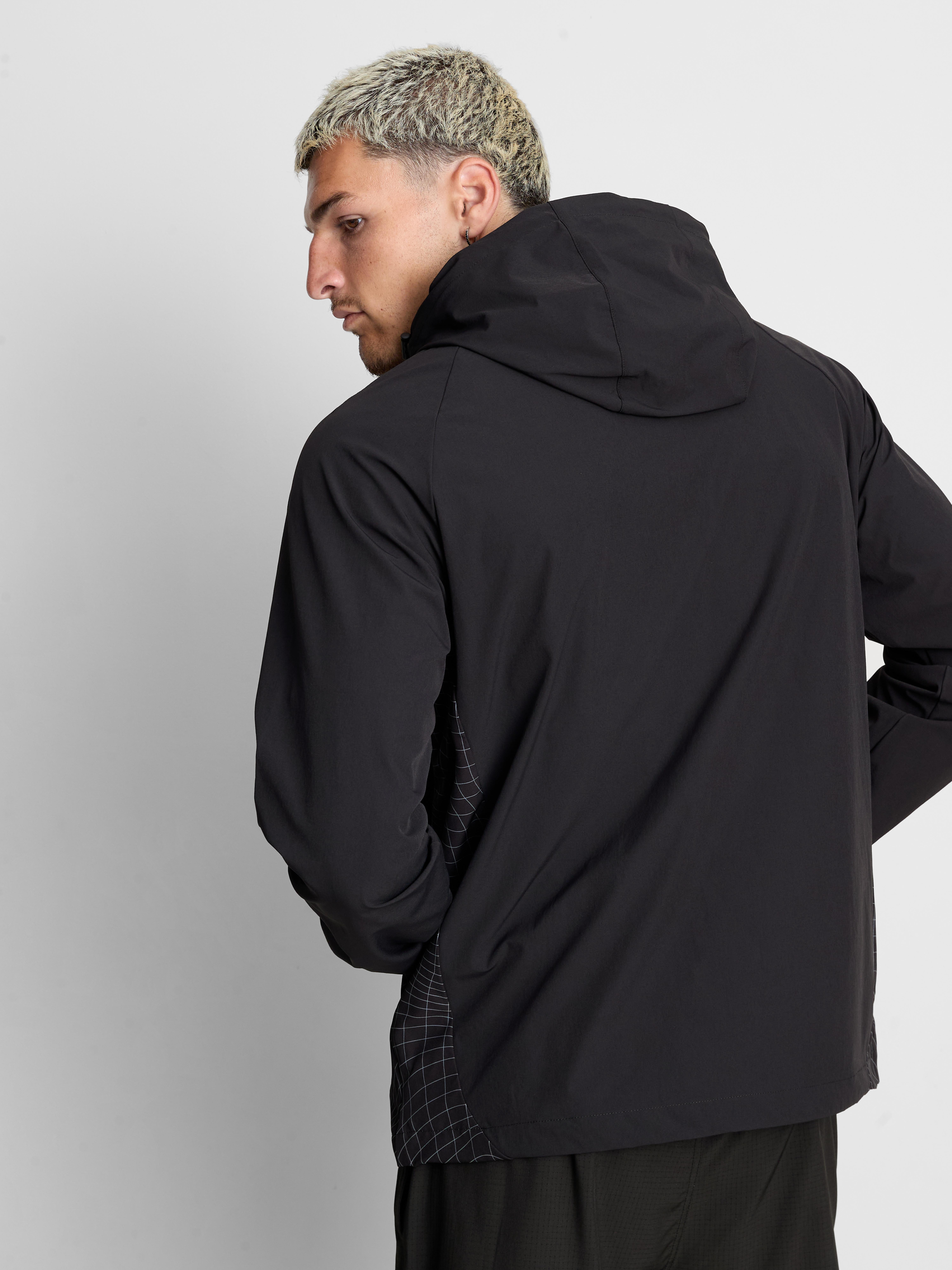 Grid Panel Zip-Up Hooded Jacket - Black