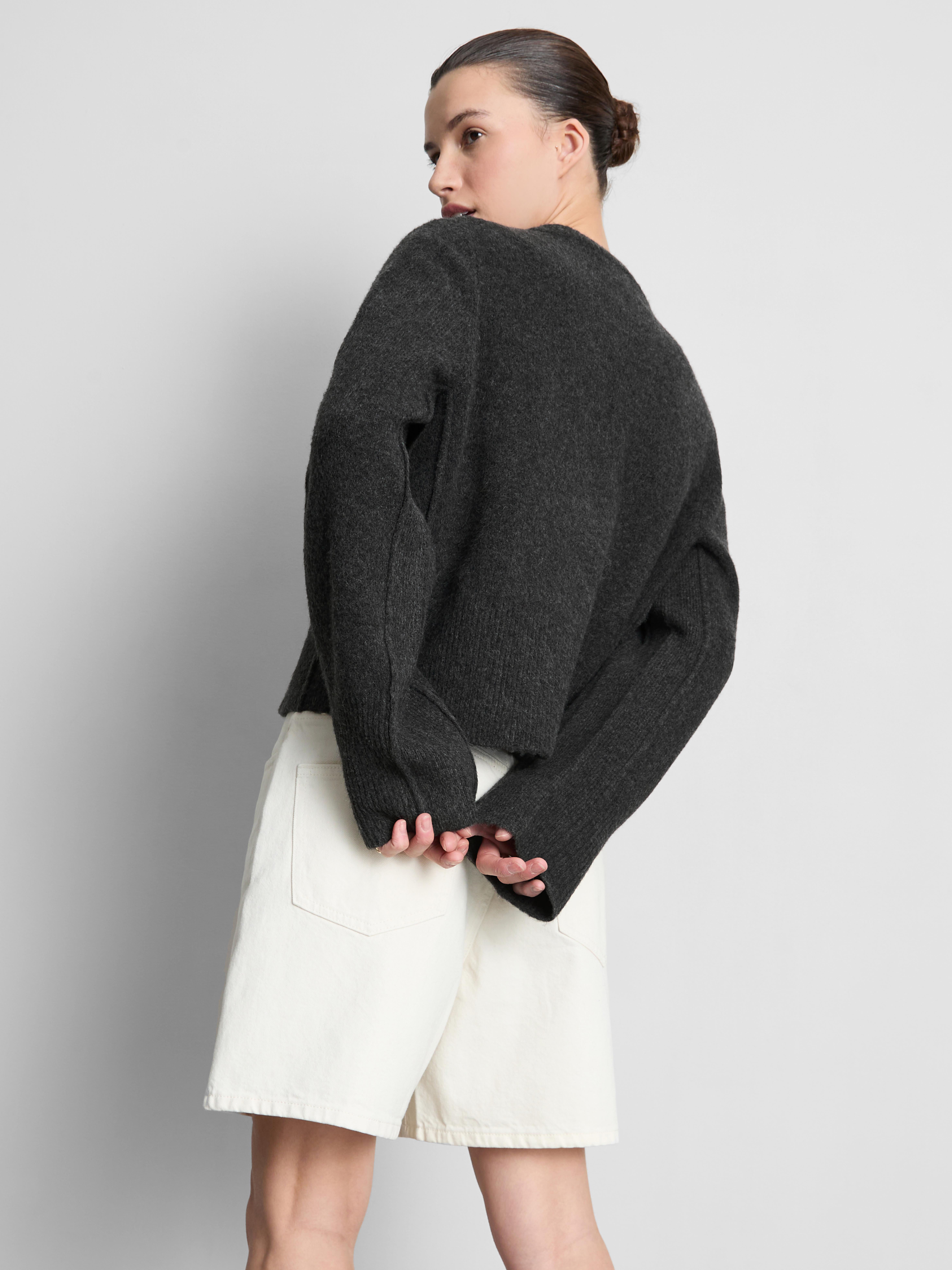 Relaxed Knitted Crew Neck Cardigan - Charcoal