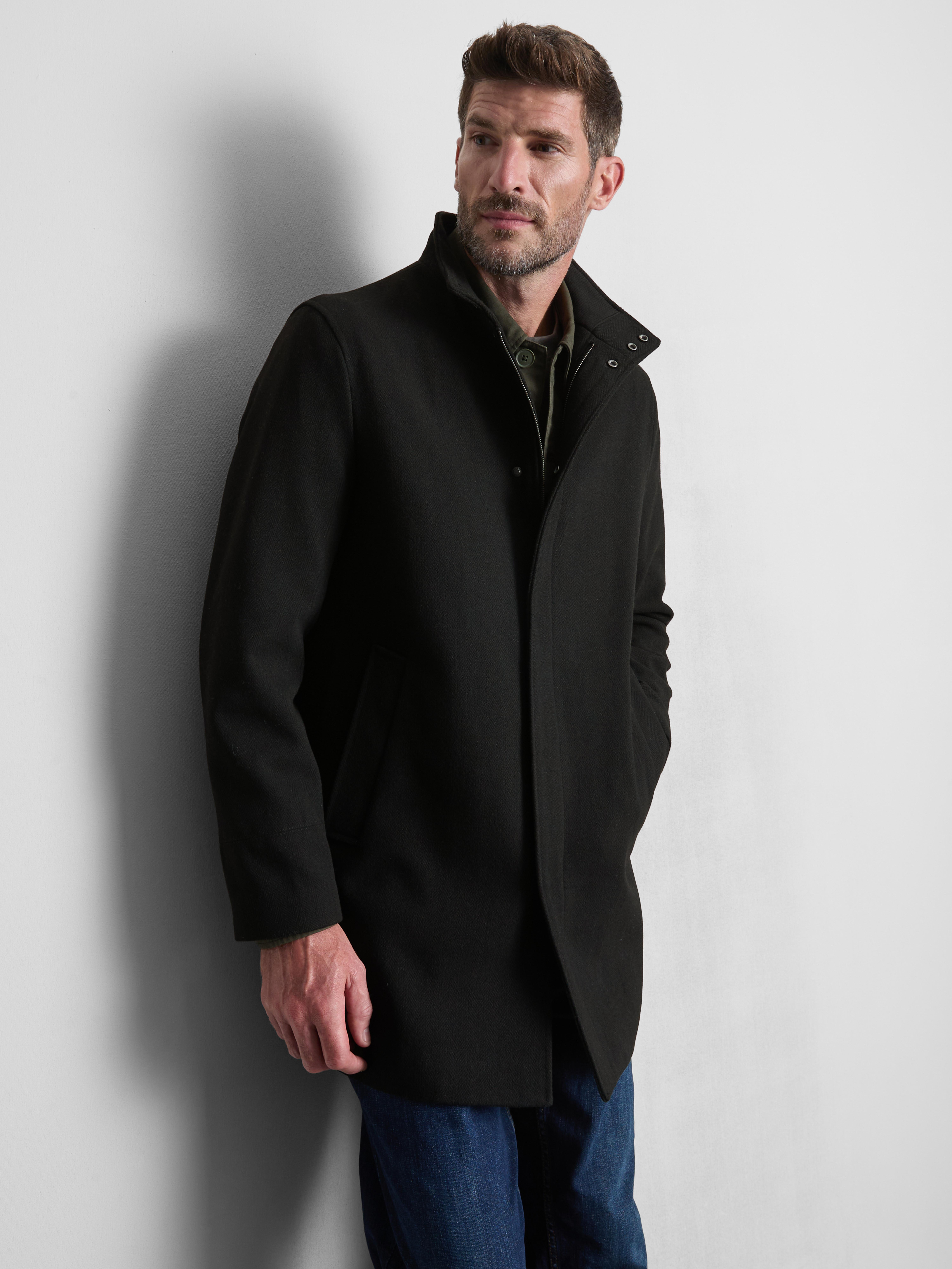 High-Neck Longline Coat - Black