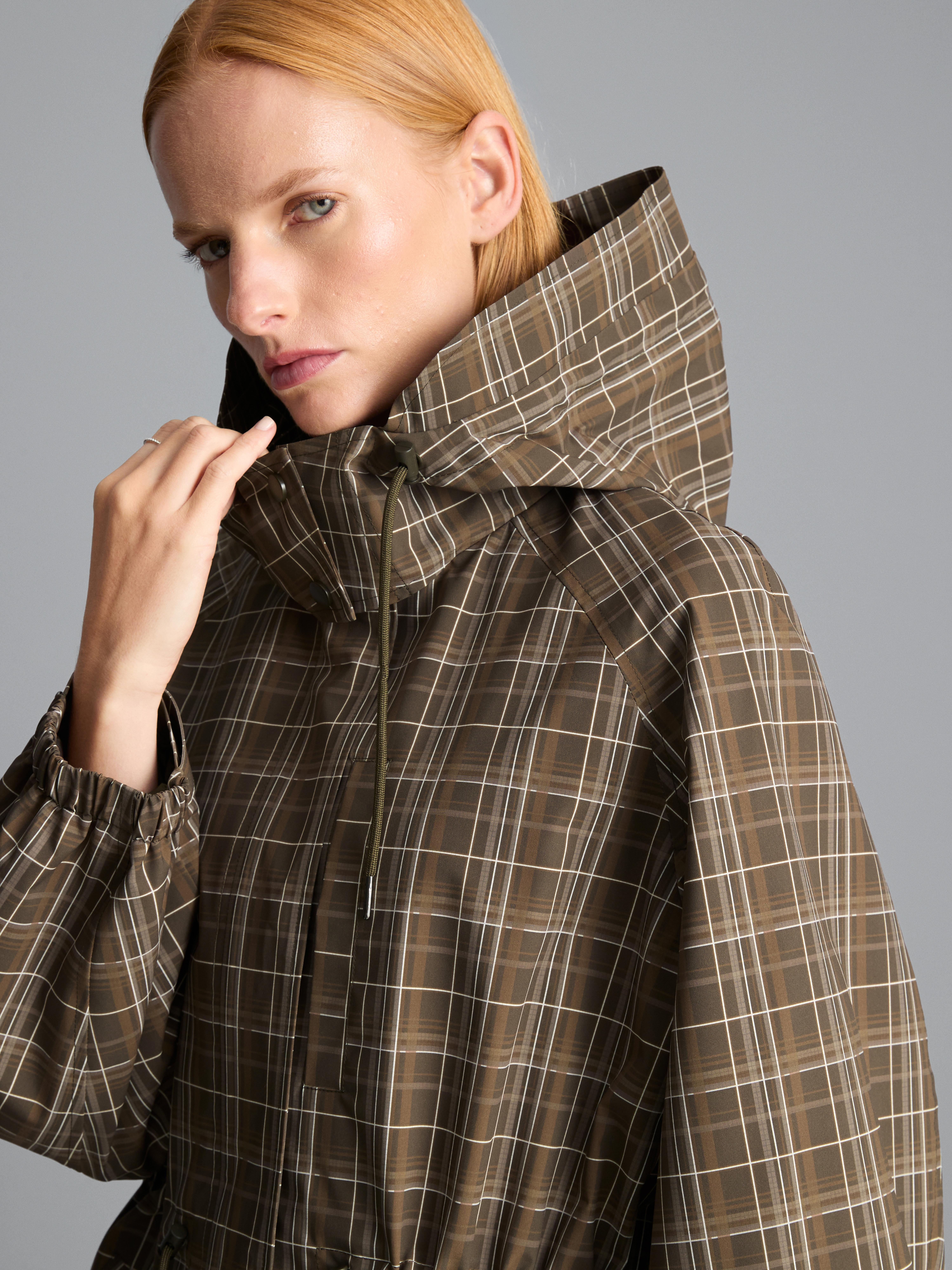 Check Hooded Raincoat - Olive