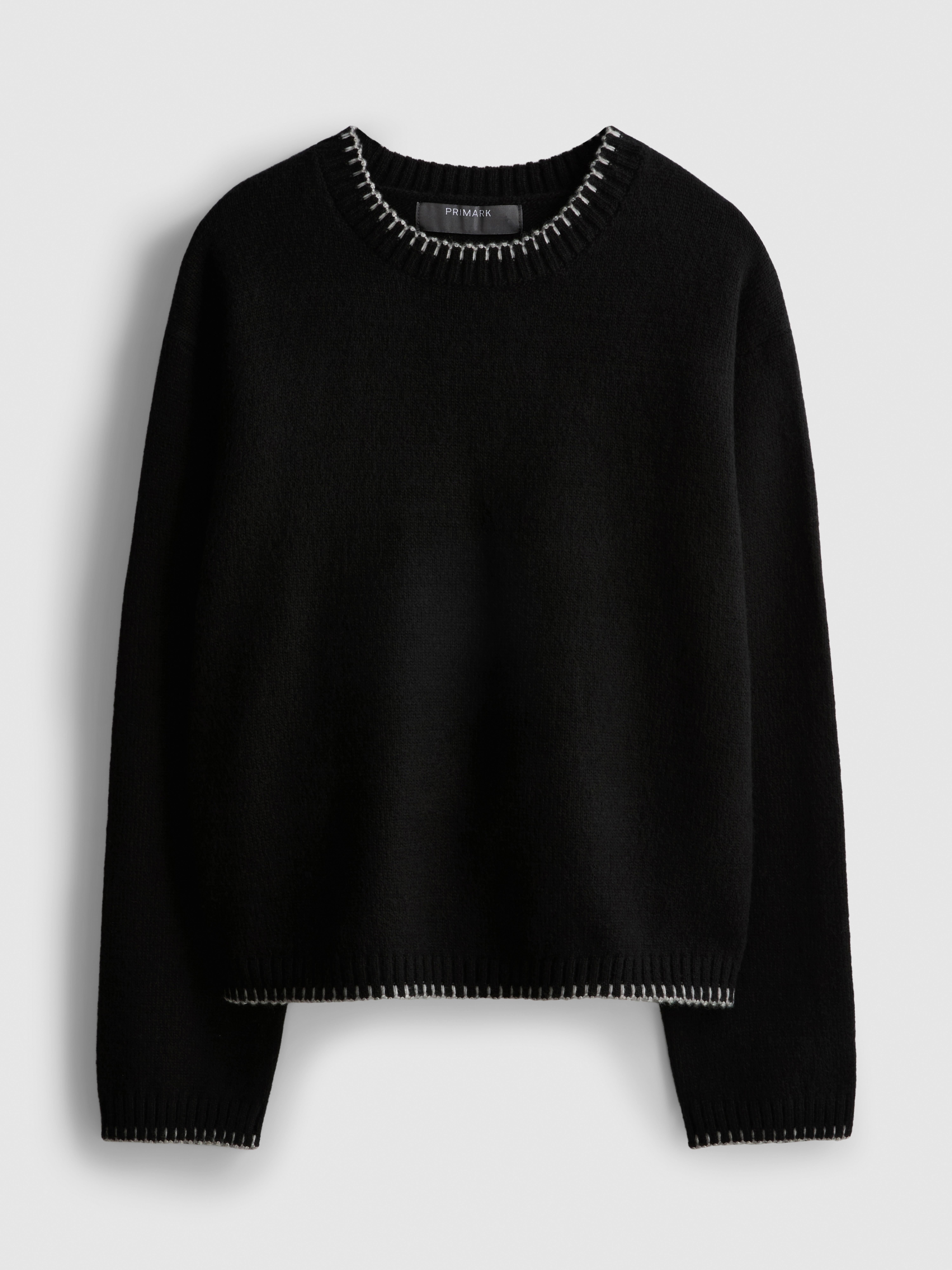 Knitted Stitch-Detail Crewneck Sweater - Black