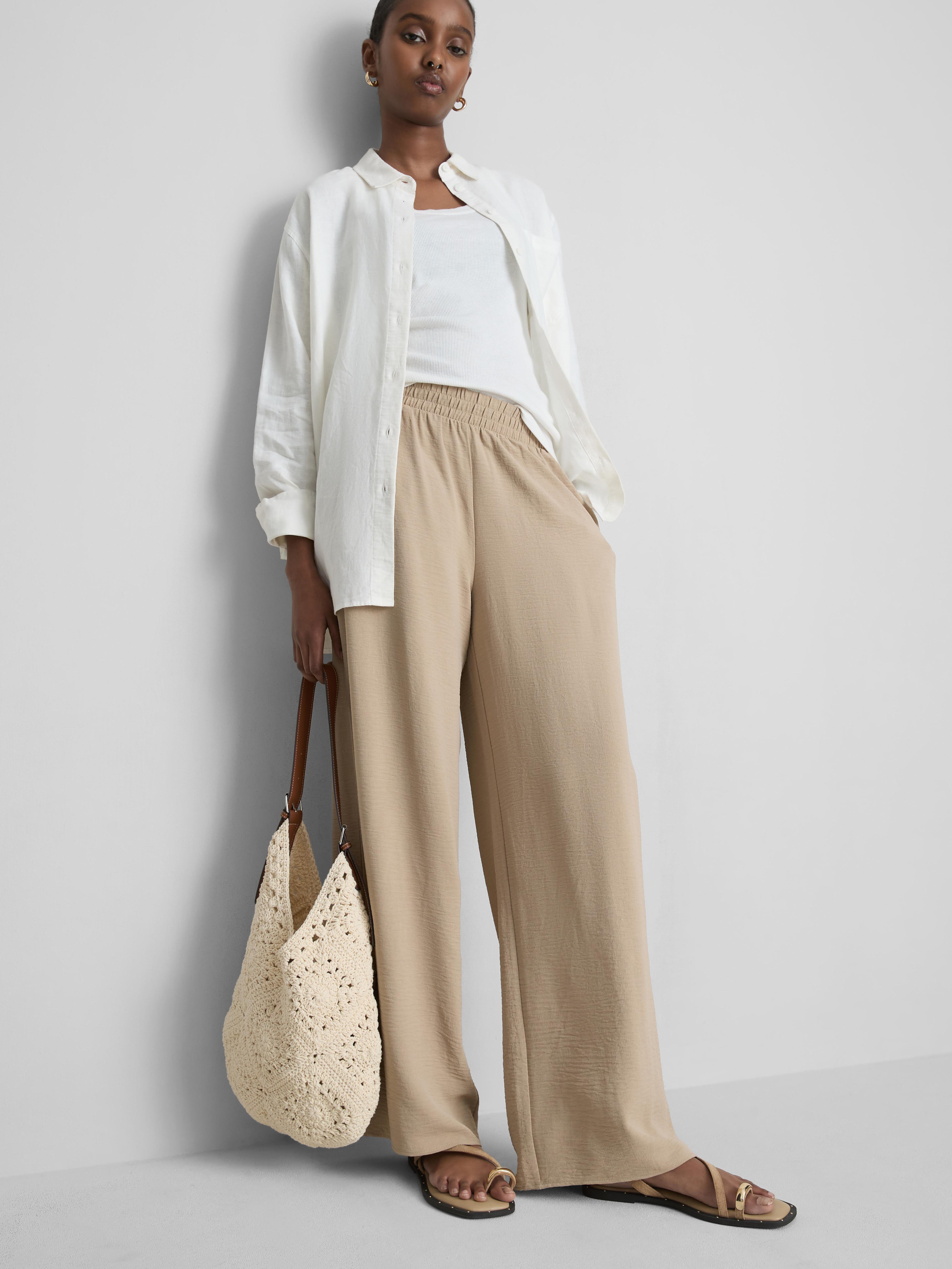 Elastic Waist Wide-Leg Pants - Stone