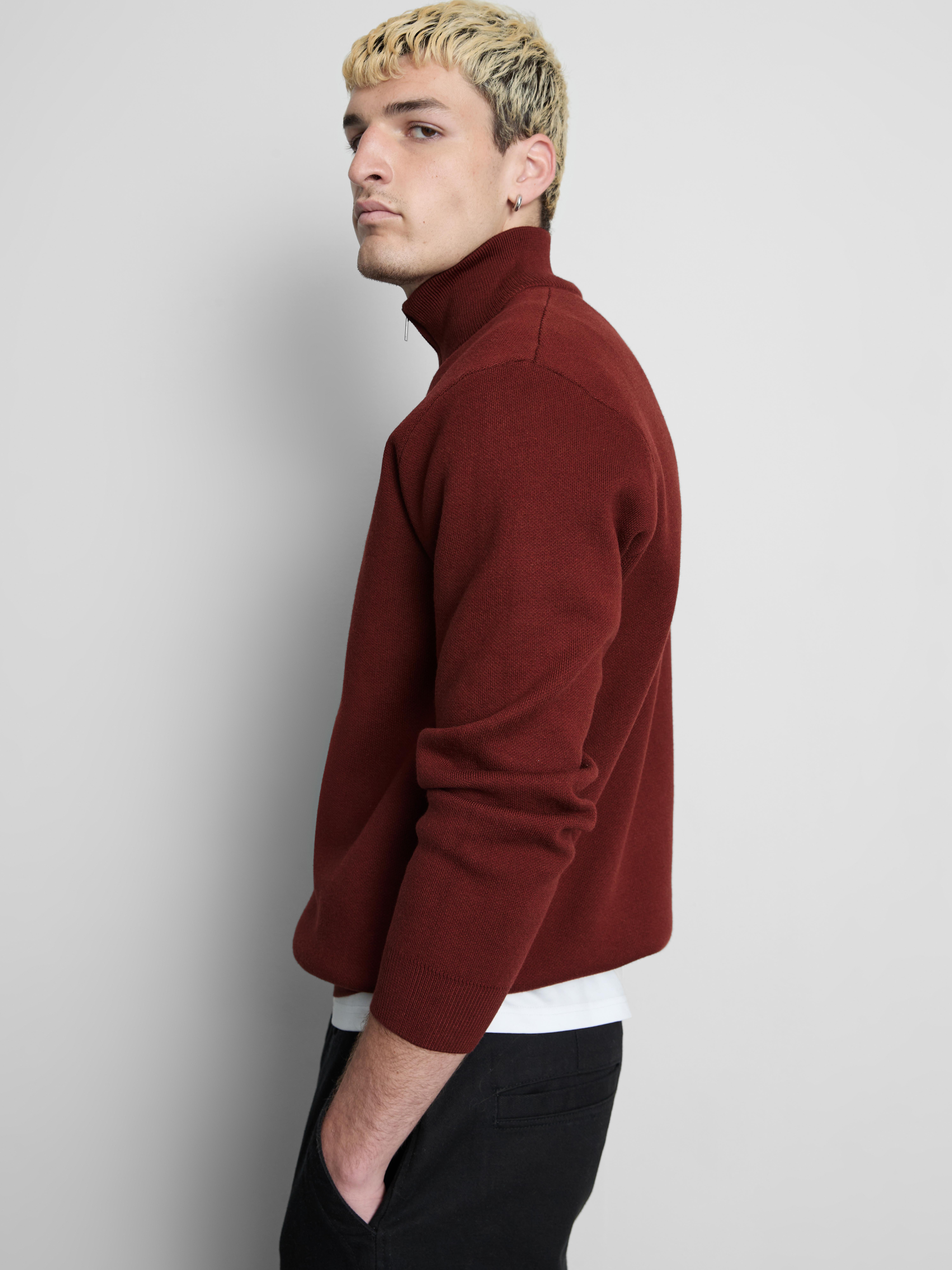 Zip Neck Knitted Sweater - Red