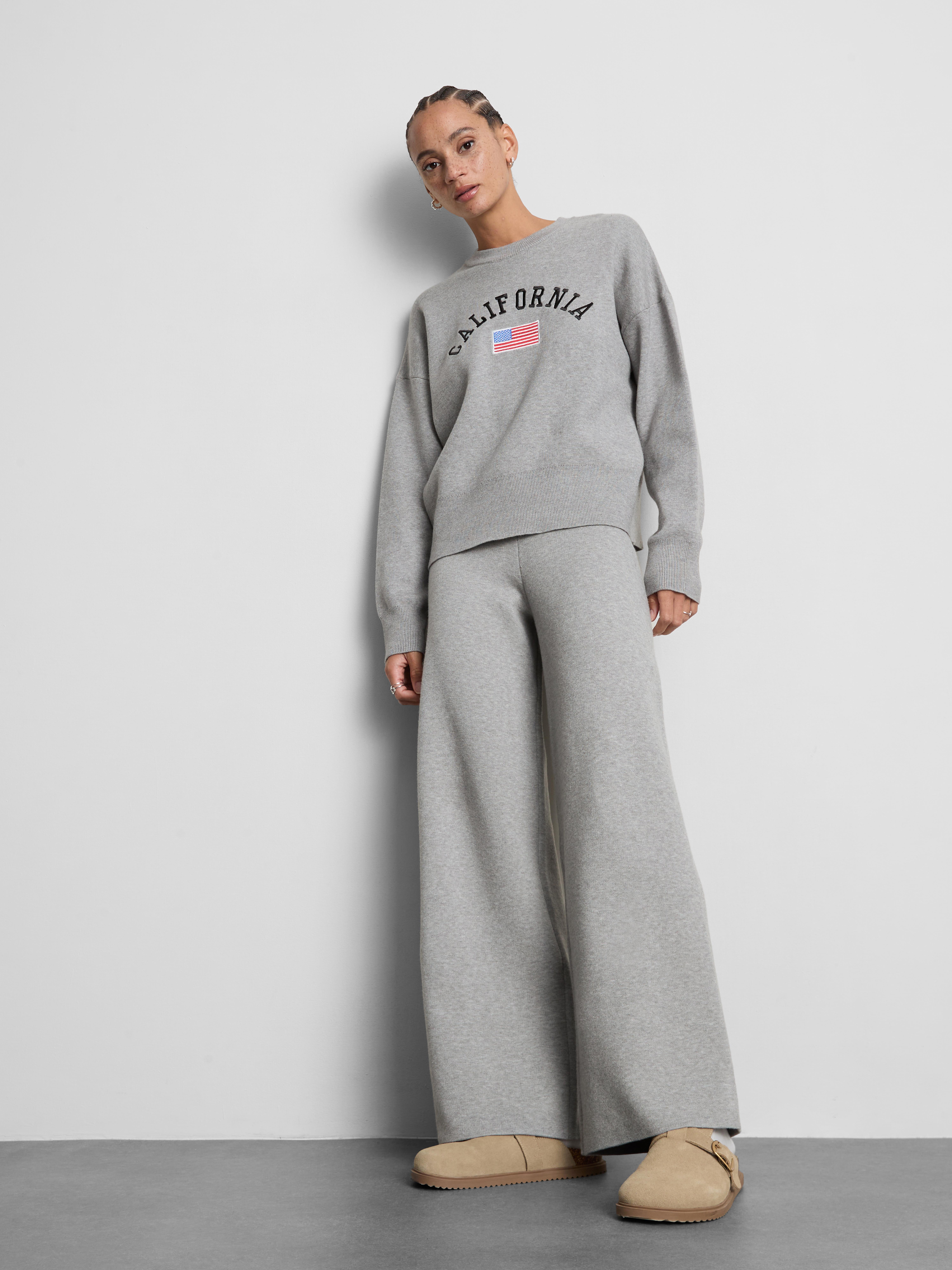 Compact Knit Wide Leg Leggings - Gray