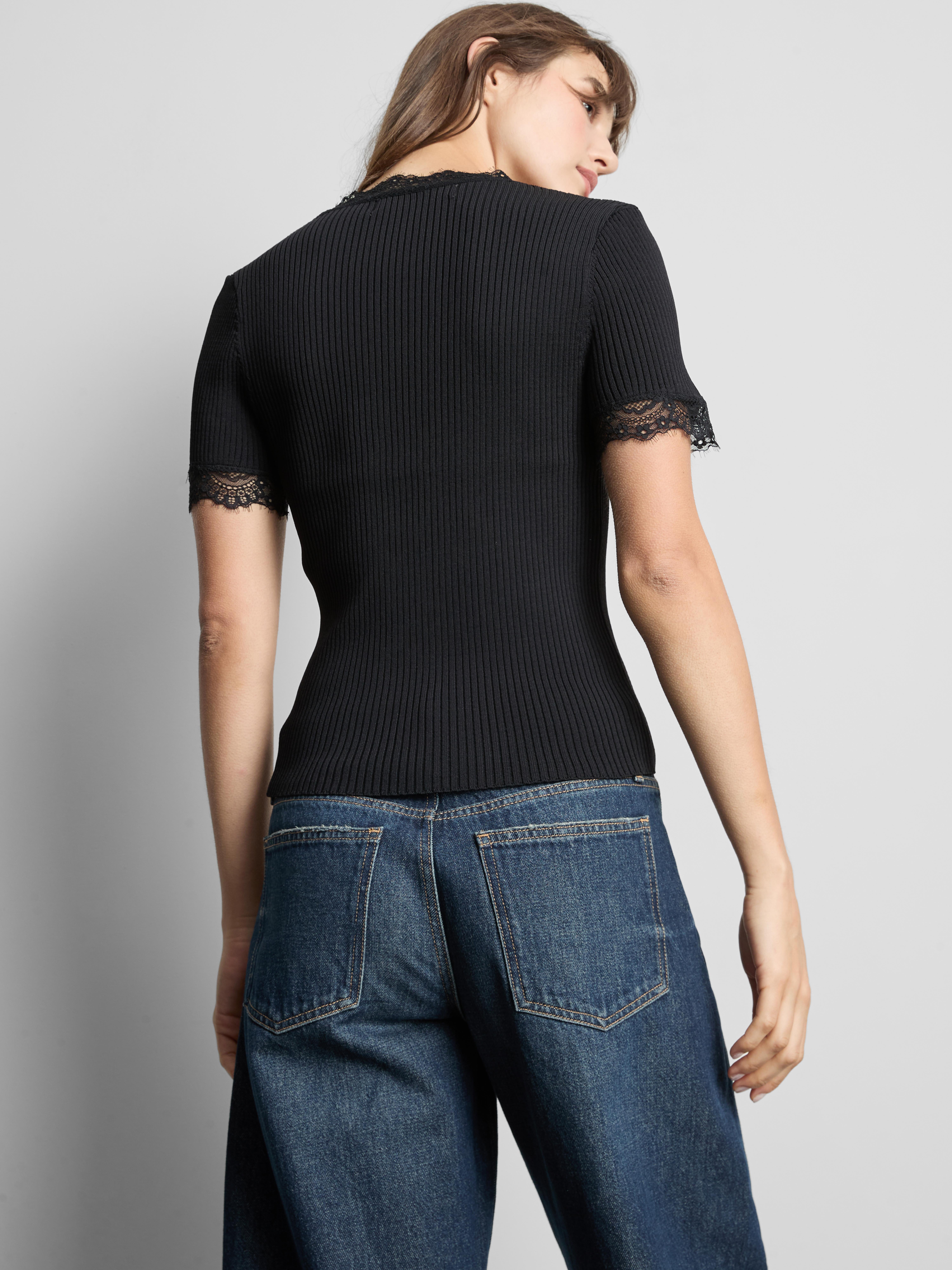 Ribbed Lace-Trim Tee - Black