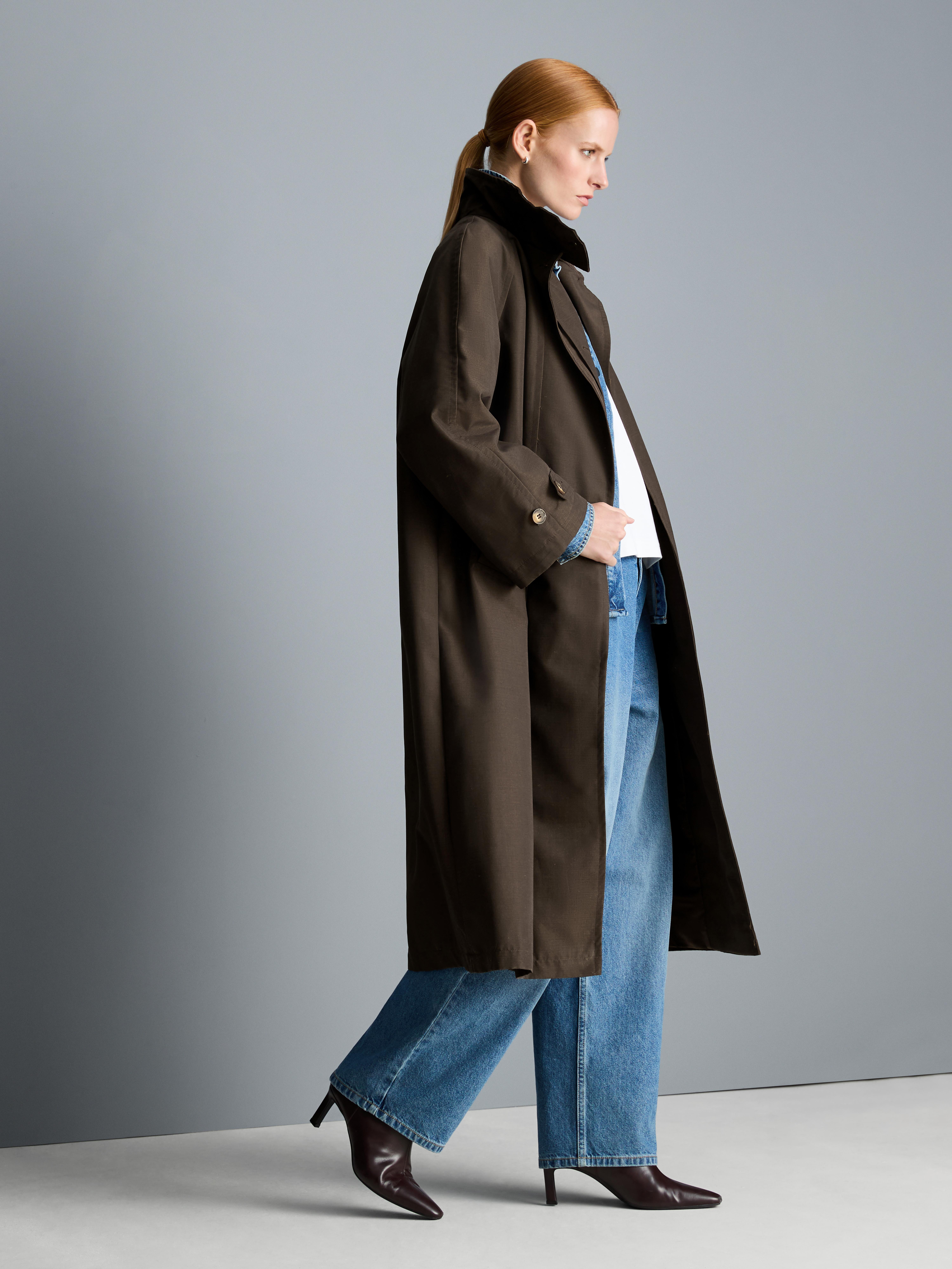 High Neckline Long Raincoat - Brown