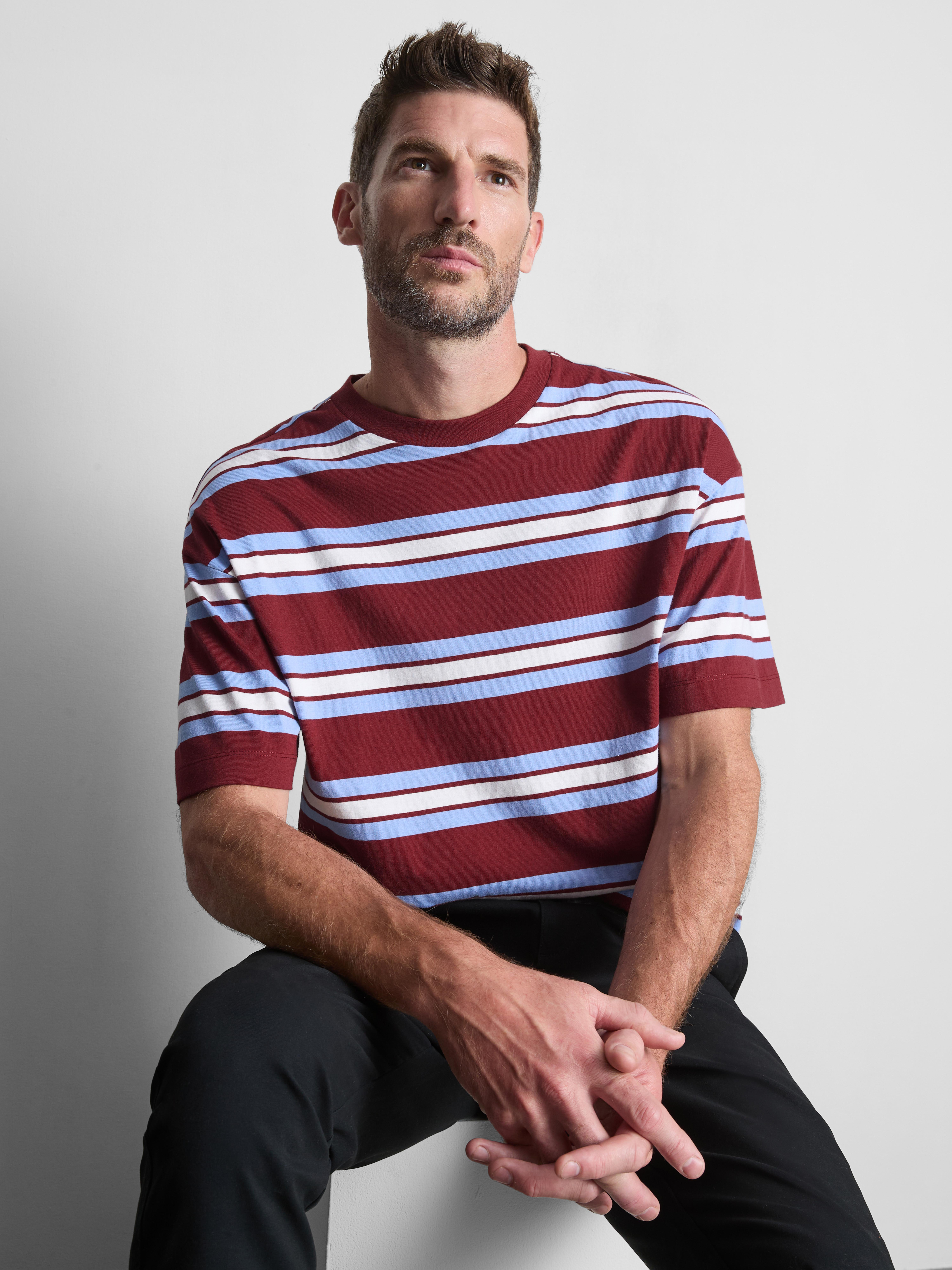Pure Cotton Striped Boxy T-Shirt - Burgundy