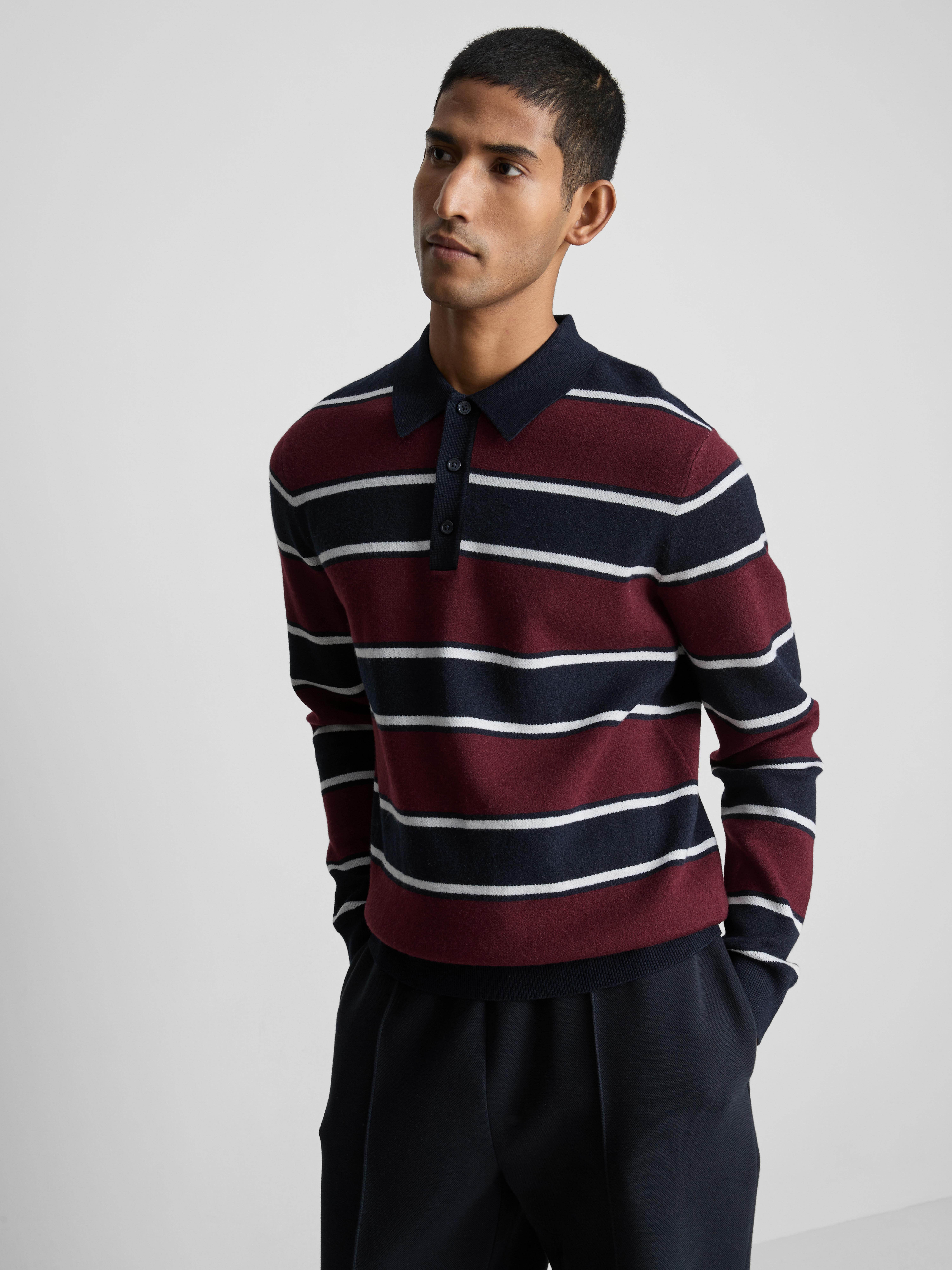 Stripe Knitted Collared Sweater - Navy