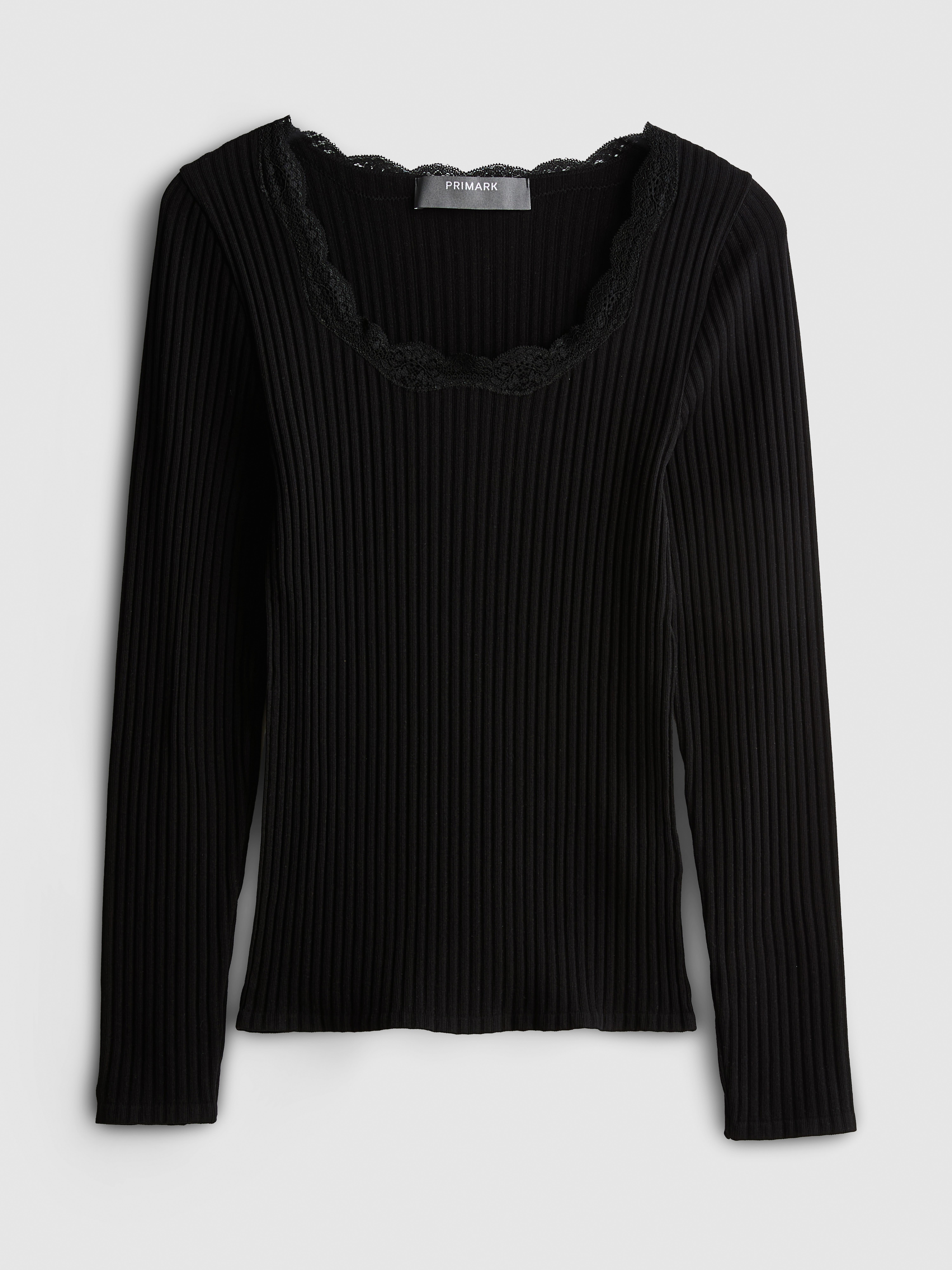 Ribbed Long-Sleeve Squareneck Top - Black