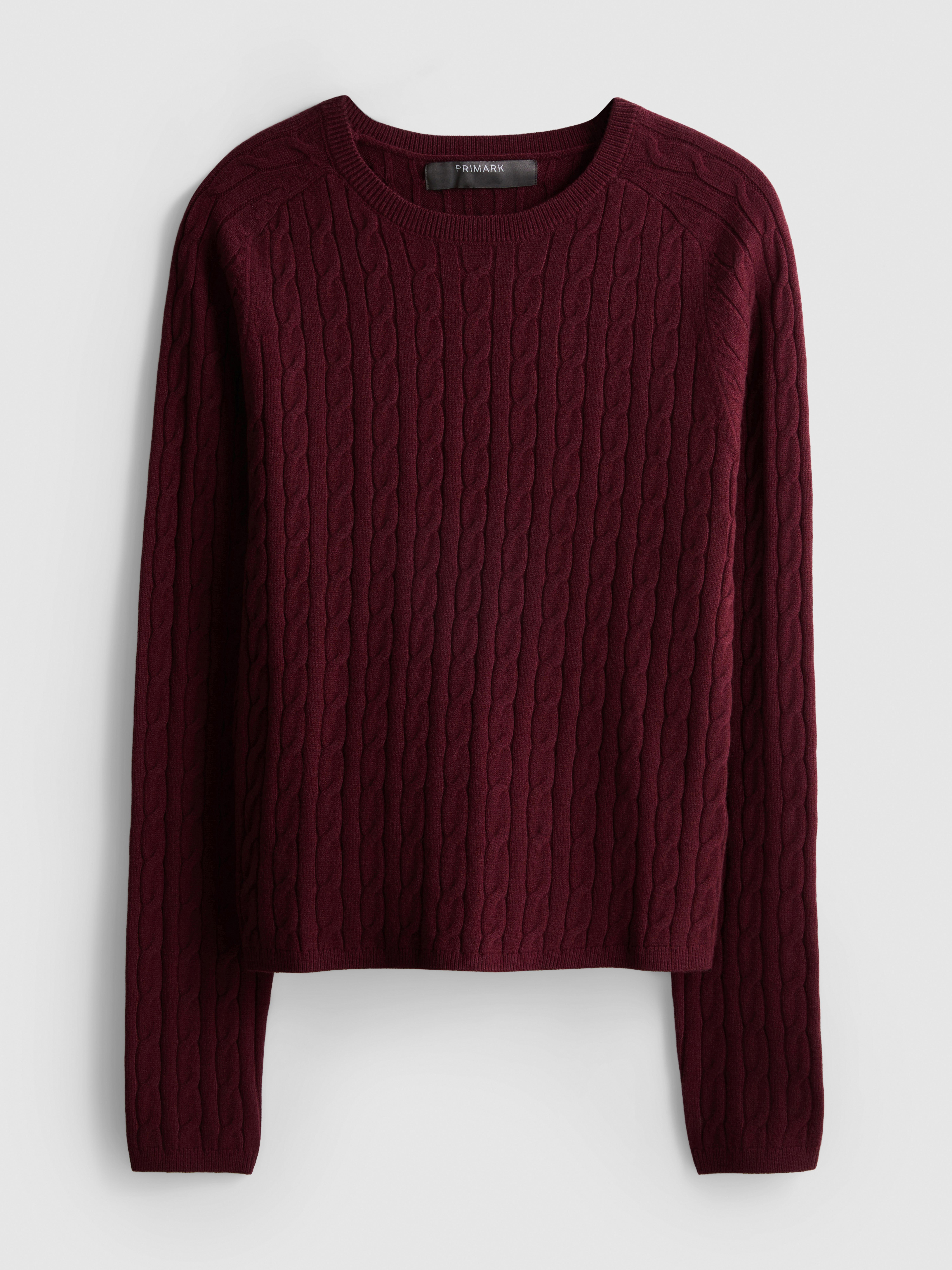 Cable Knit Crew Neck Sweater - Burgundy