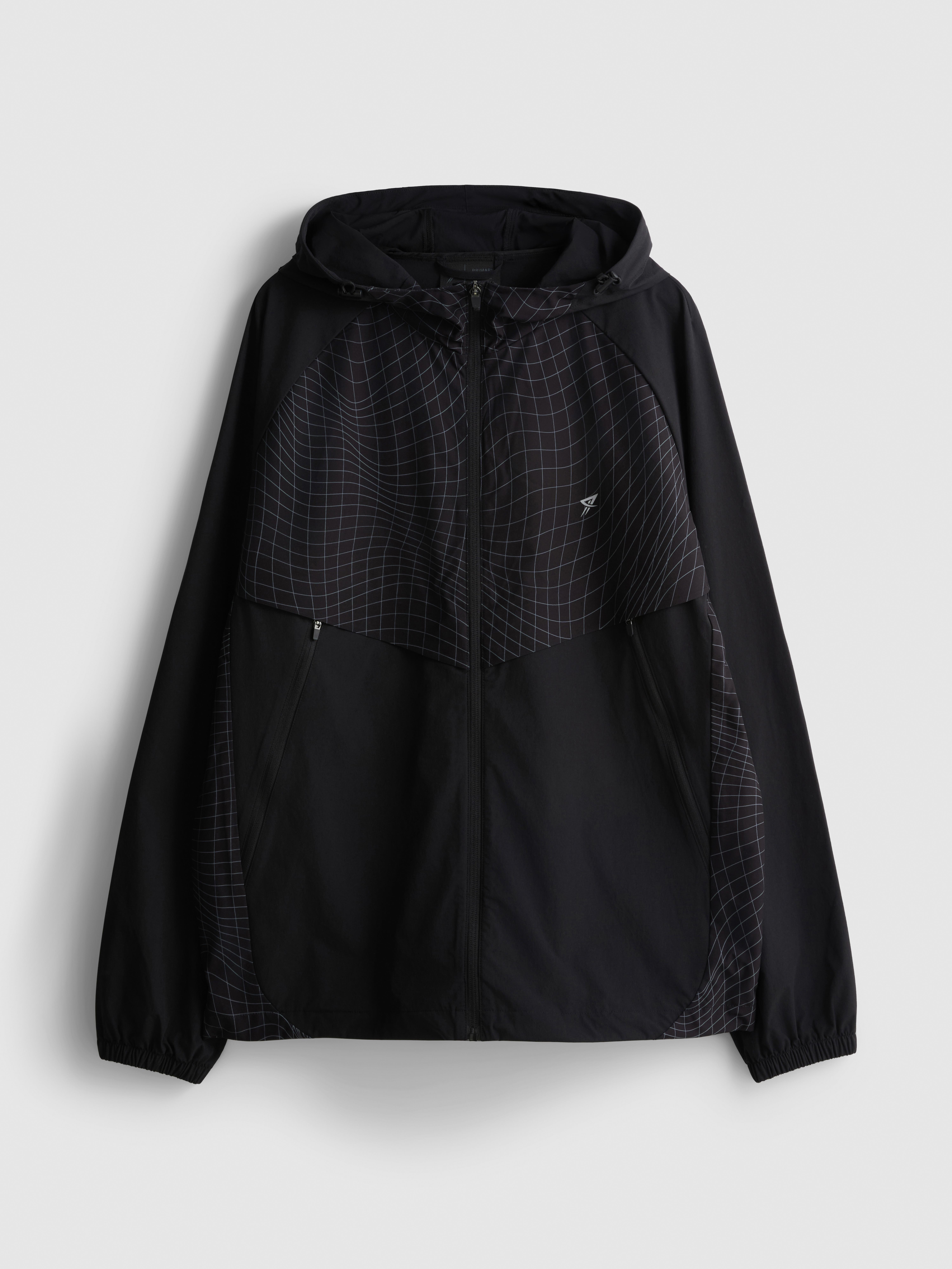 Grid Panel Zip-Up Hooded Jacket - Black