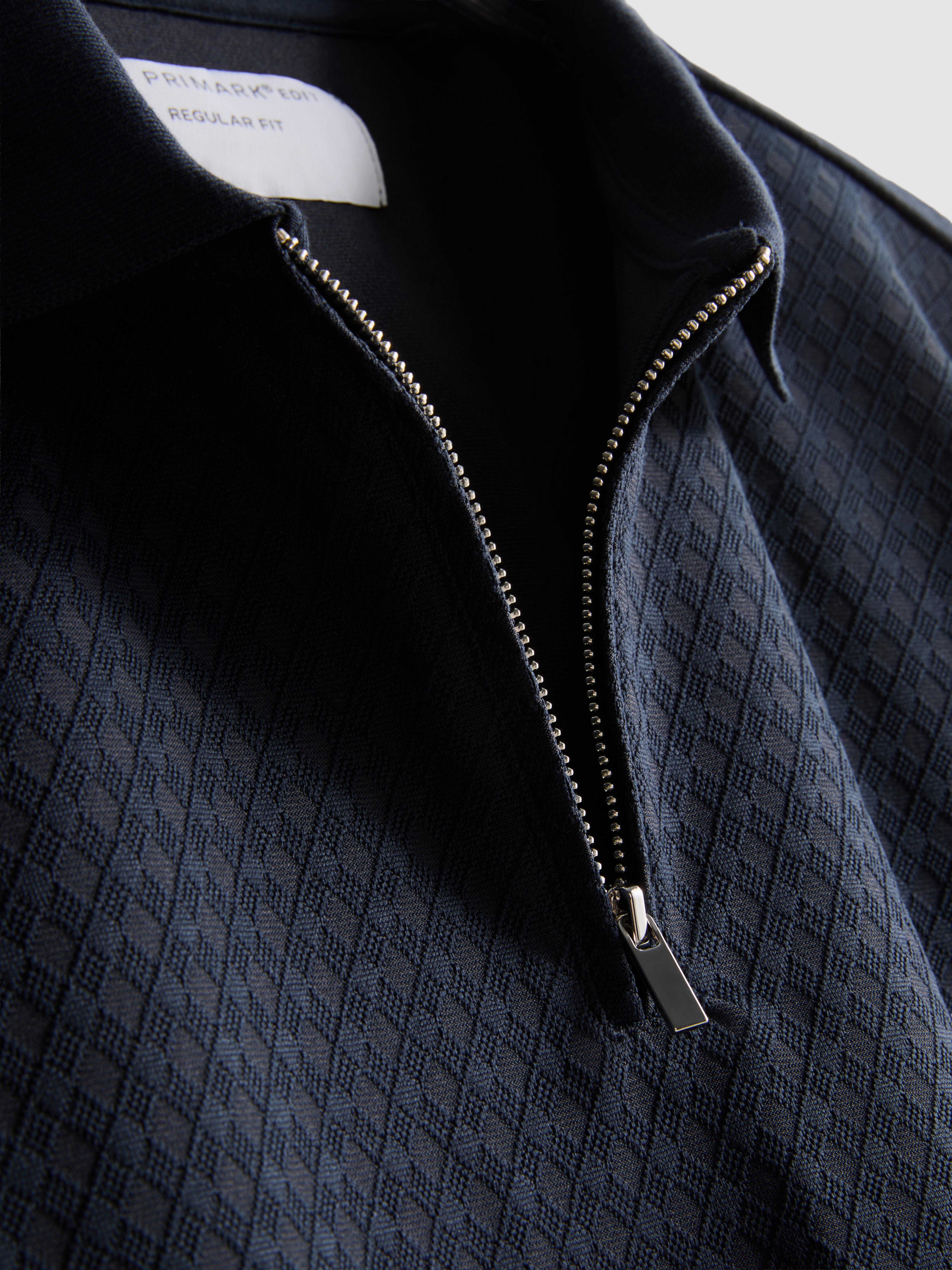 The Edit Textured Zip Polo Shirt - Navy
