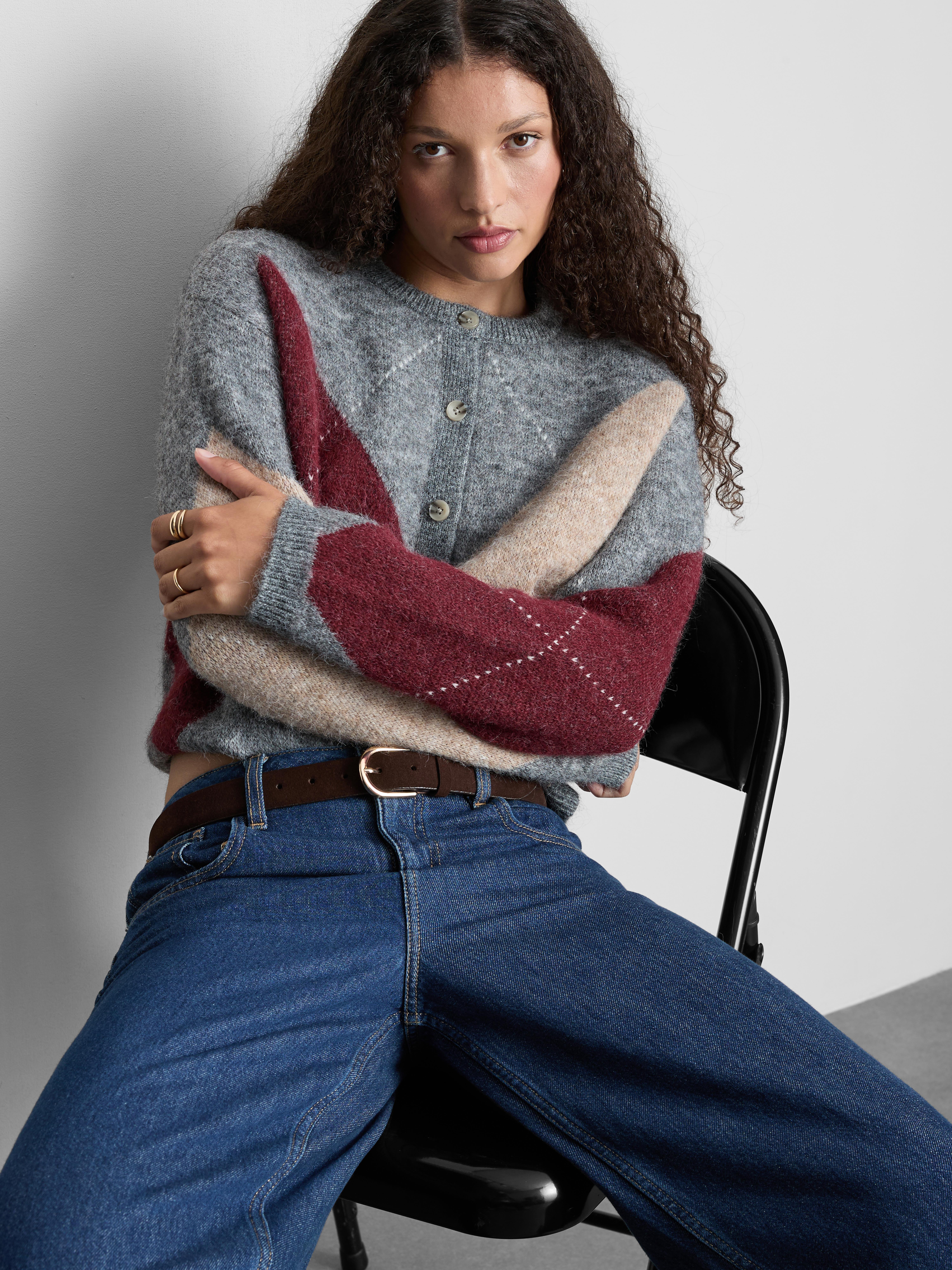 The Edit Argyle Button-Up Cardigan - Gray
