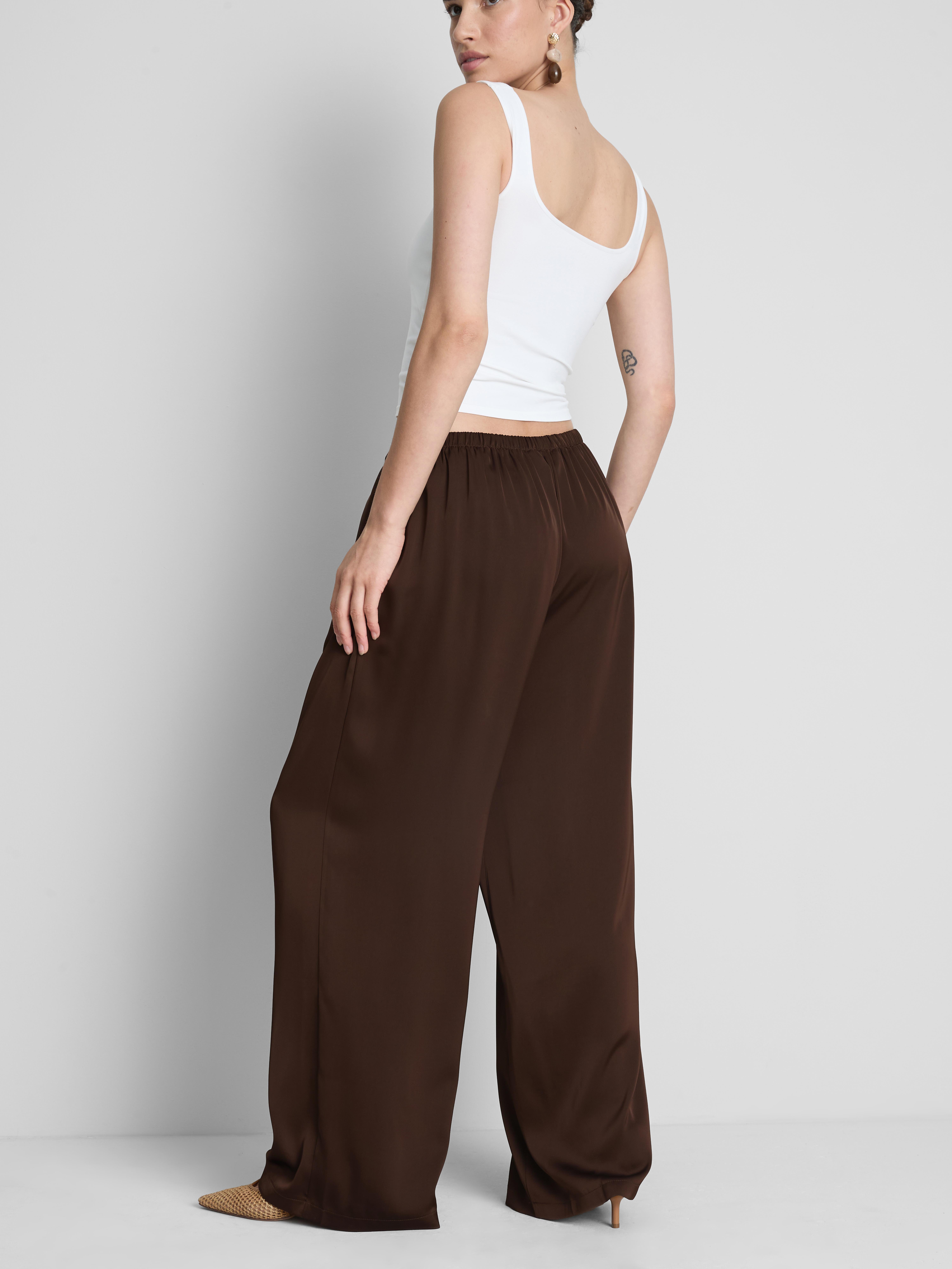 Wide Leg Satin Pants - Chocolate