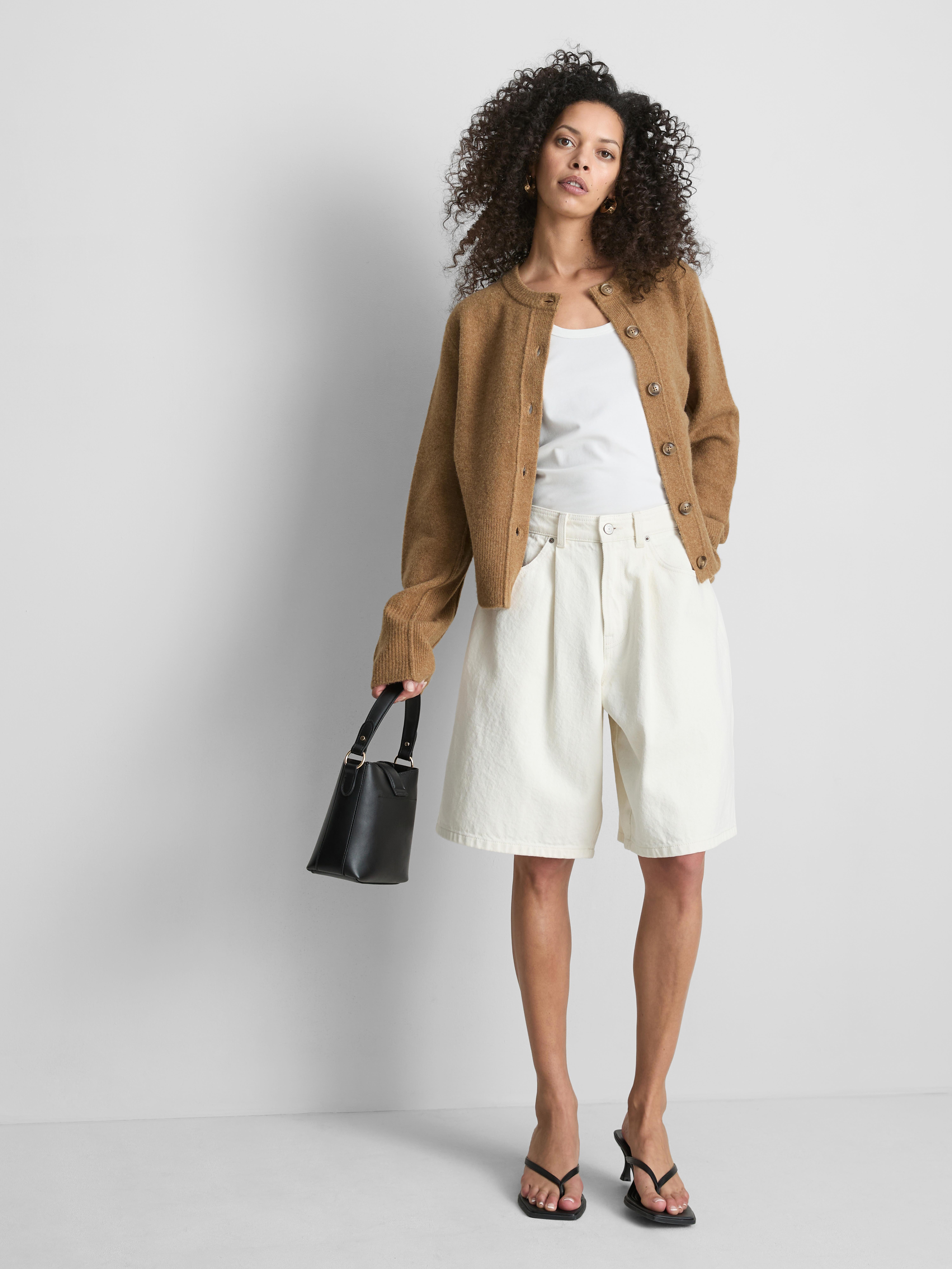 Relaxed Knitted Crew Neck Cardigan - Camel