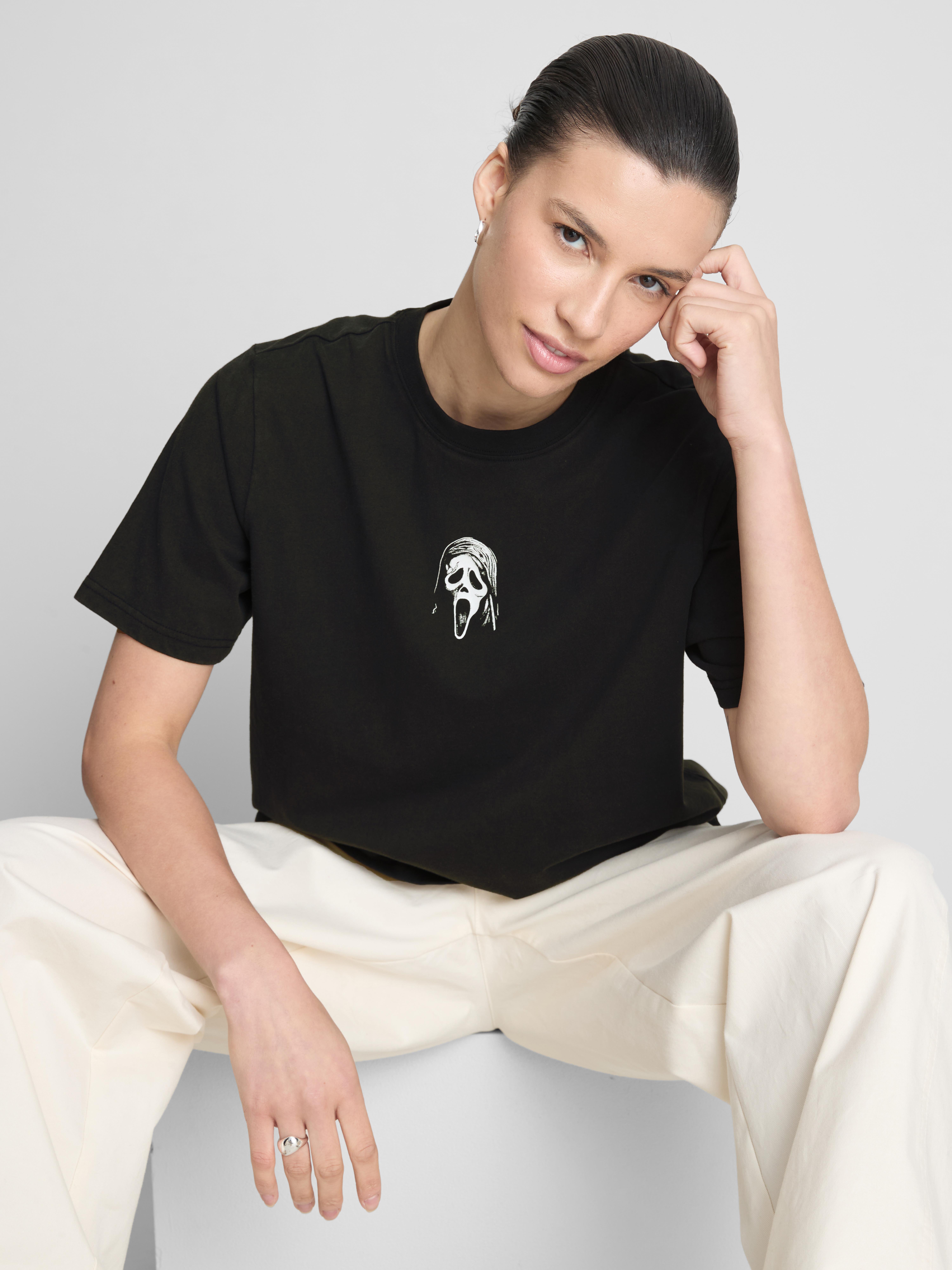 Scream Ghostface Cotton Graphic Oversized Tee - Black