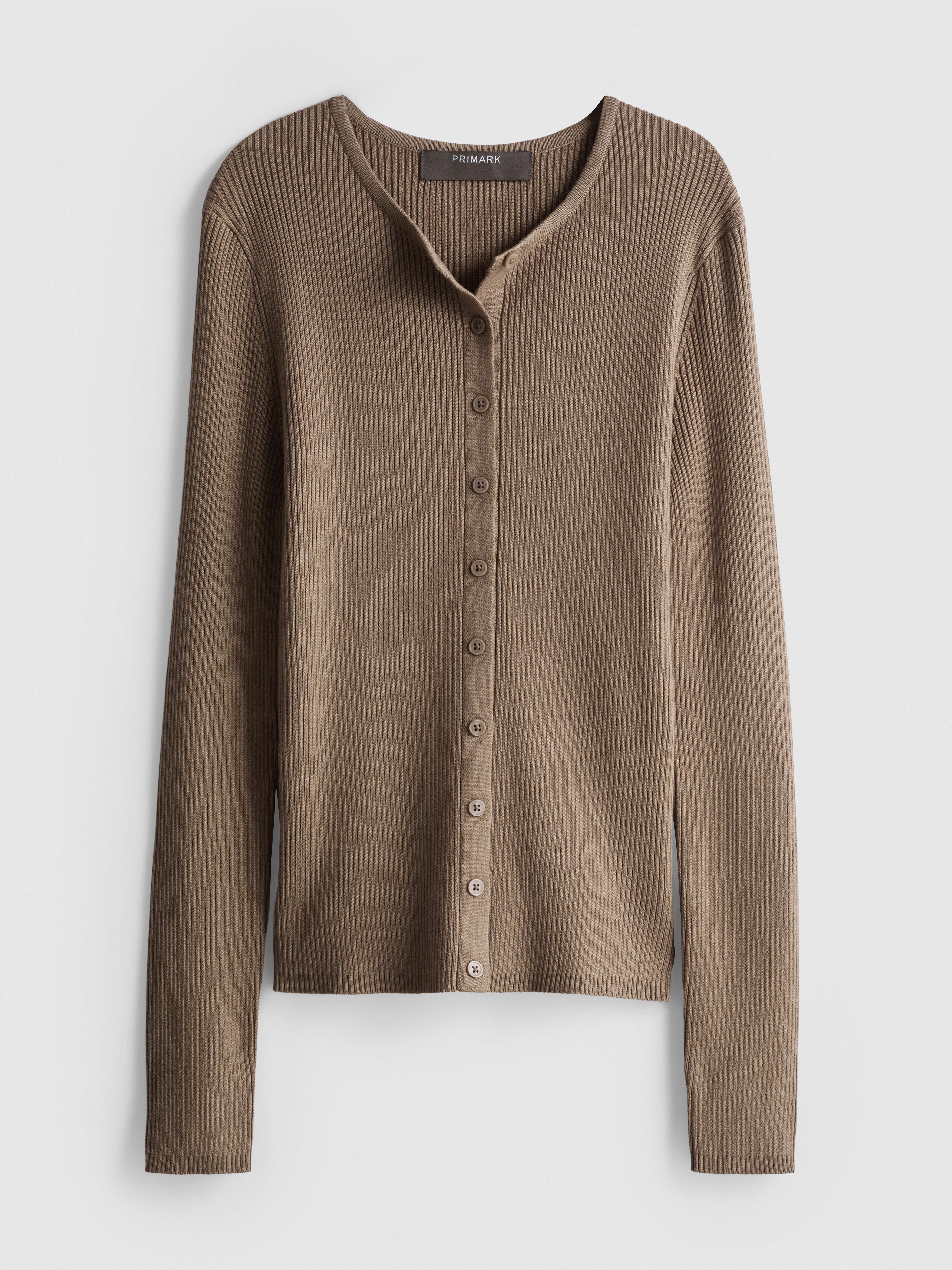 Ribbed Round Neck Cardigan - Brown