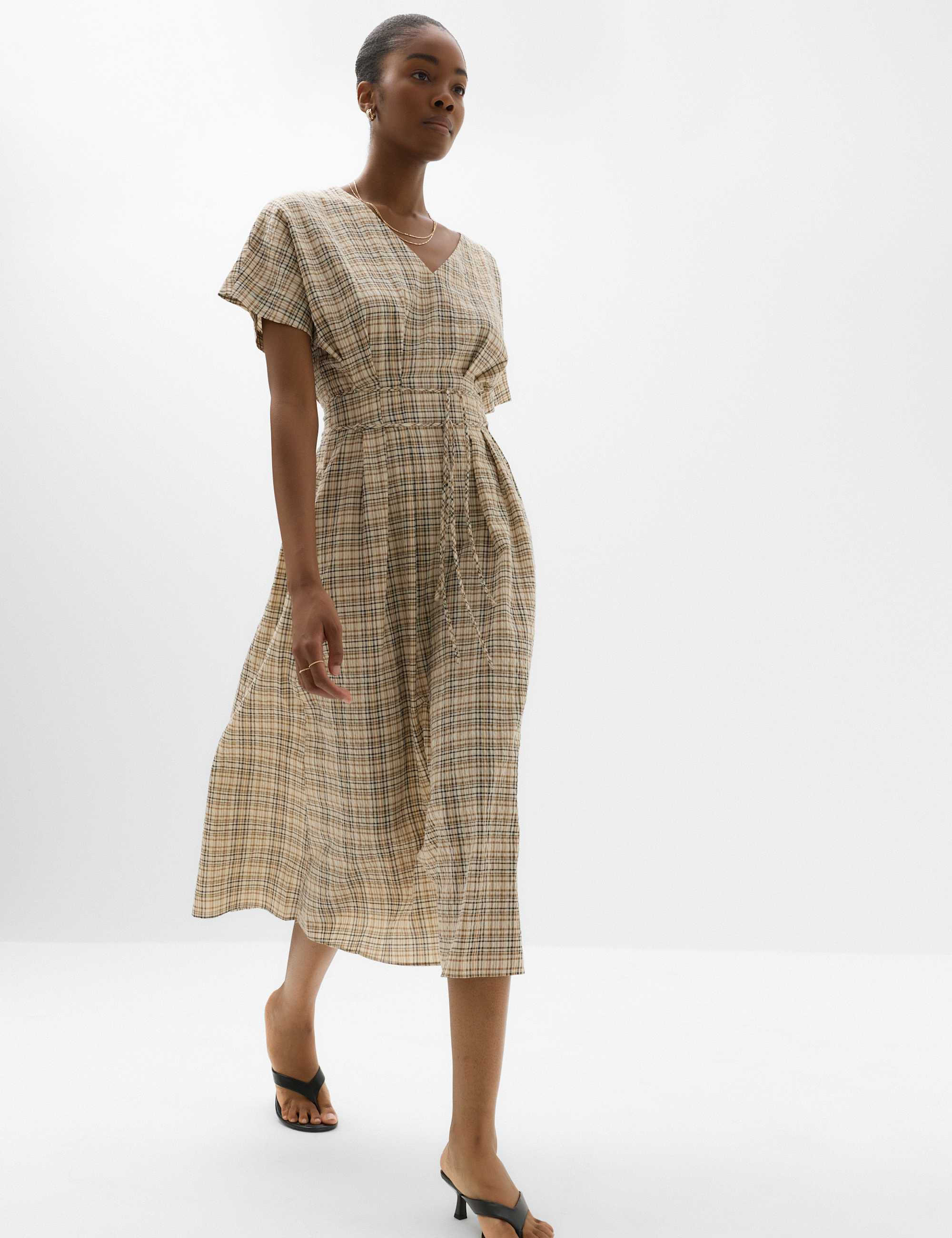 Pure Cotton Checked V-Neck Midi Waisted Dress