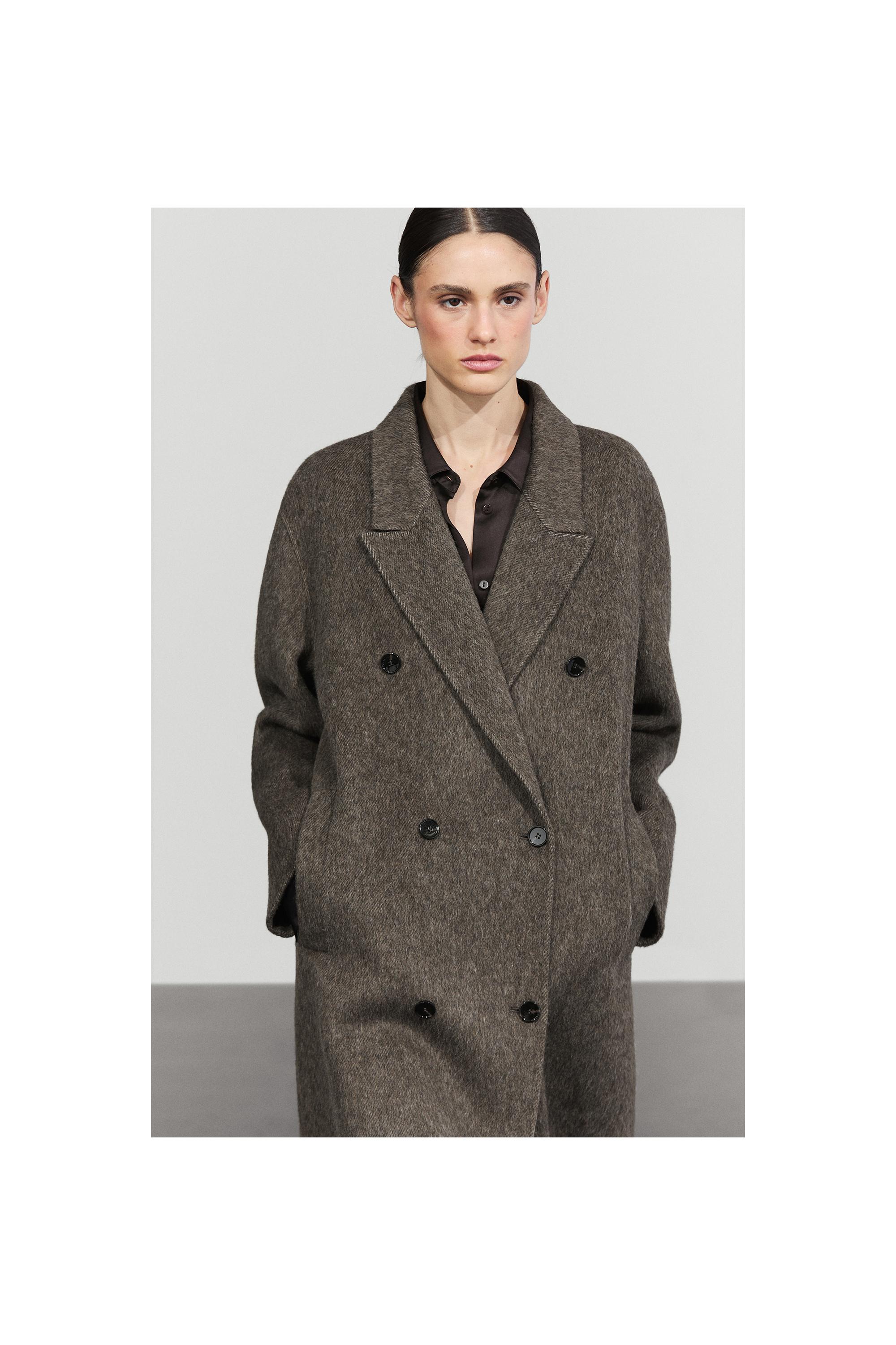 Long double-breasted wool blend coat - DARK KHAKI