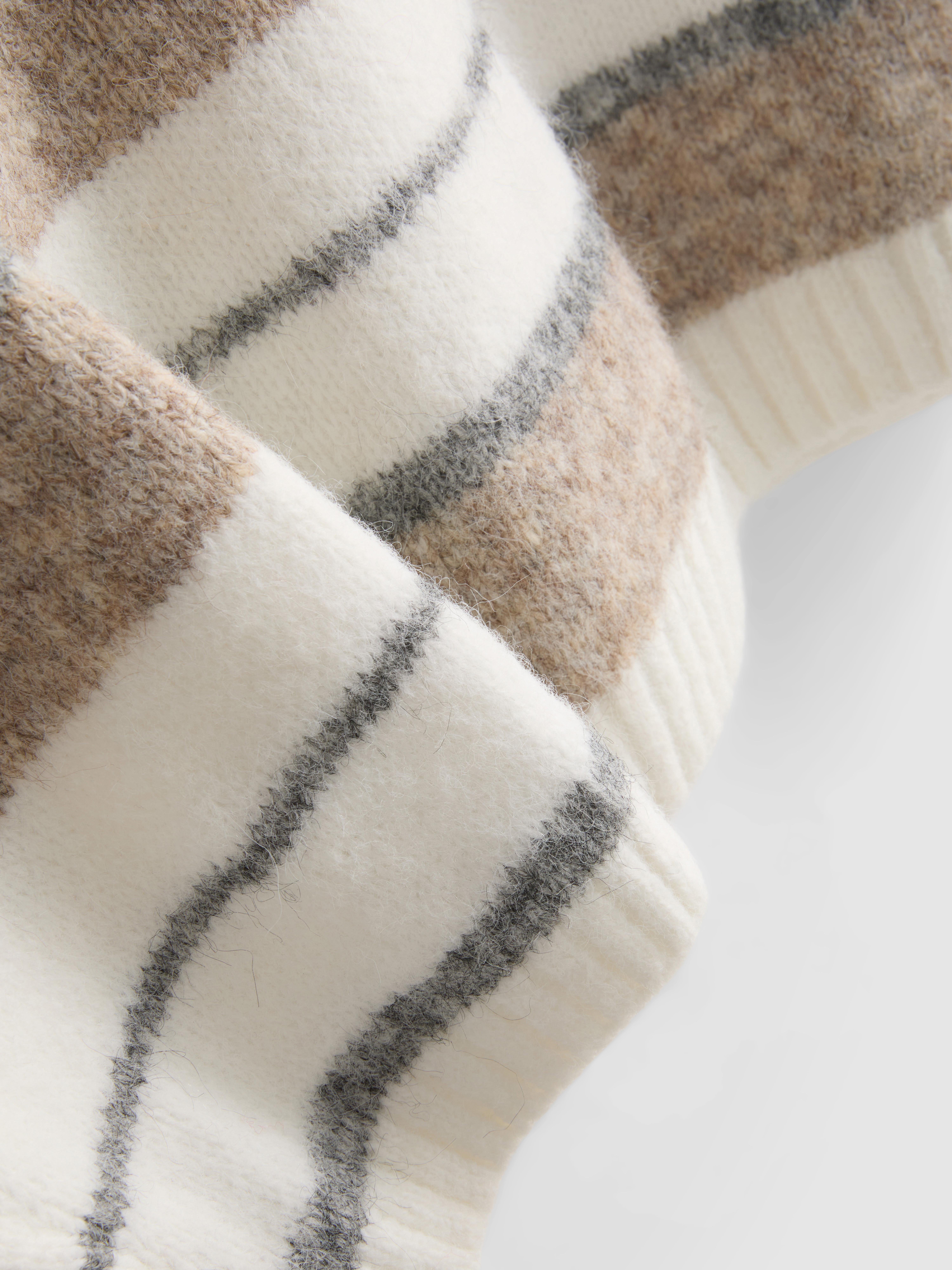 Knitted Fluffy Stripe Crew Neck Sweater - Ivory