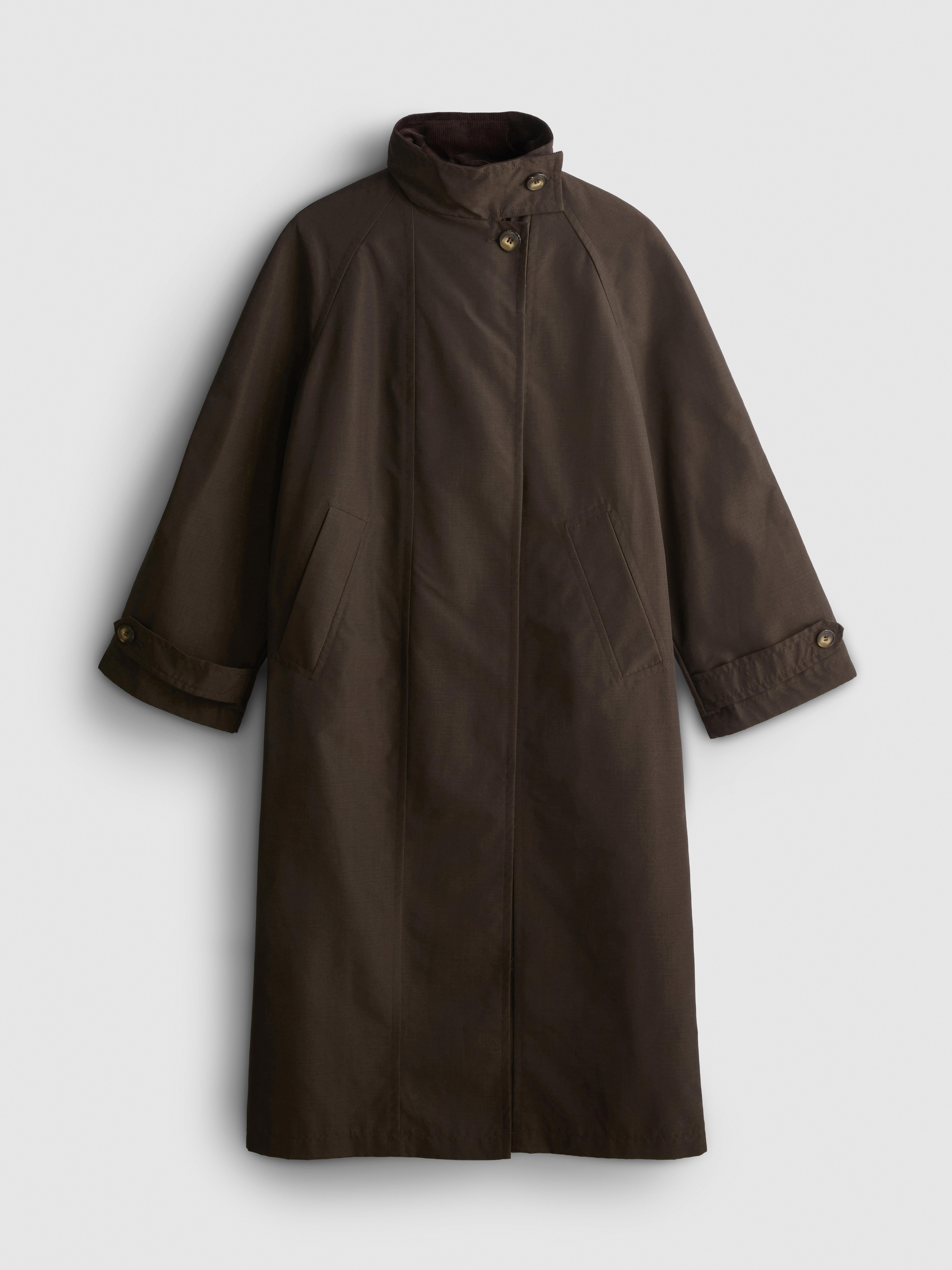 High Neckline Long Raincoat - Brown
