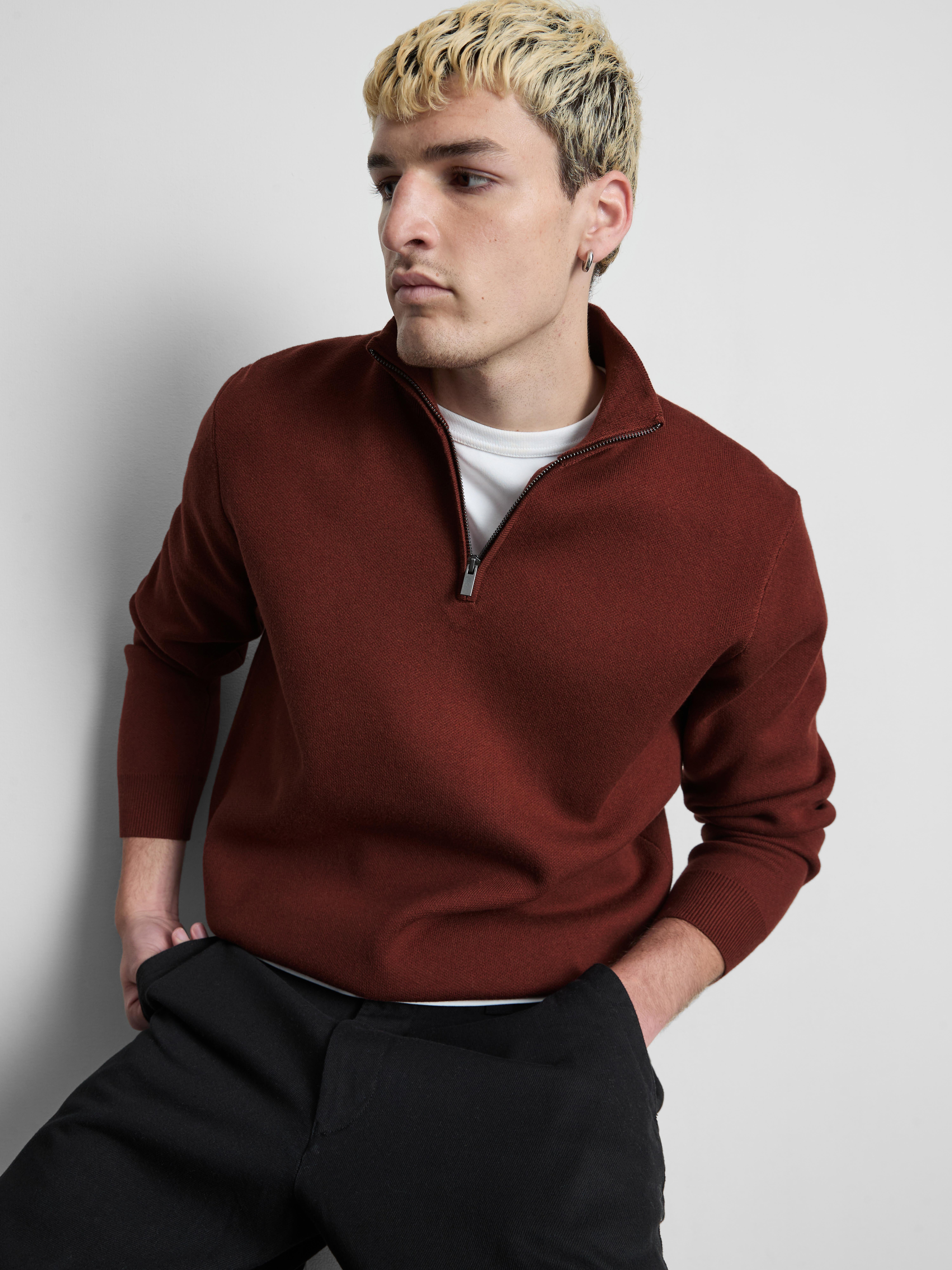 Zip Neck Knitted Sweater - Red