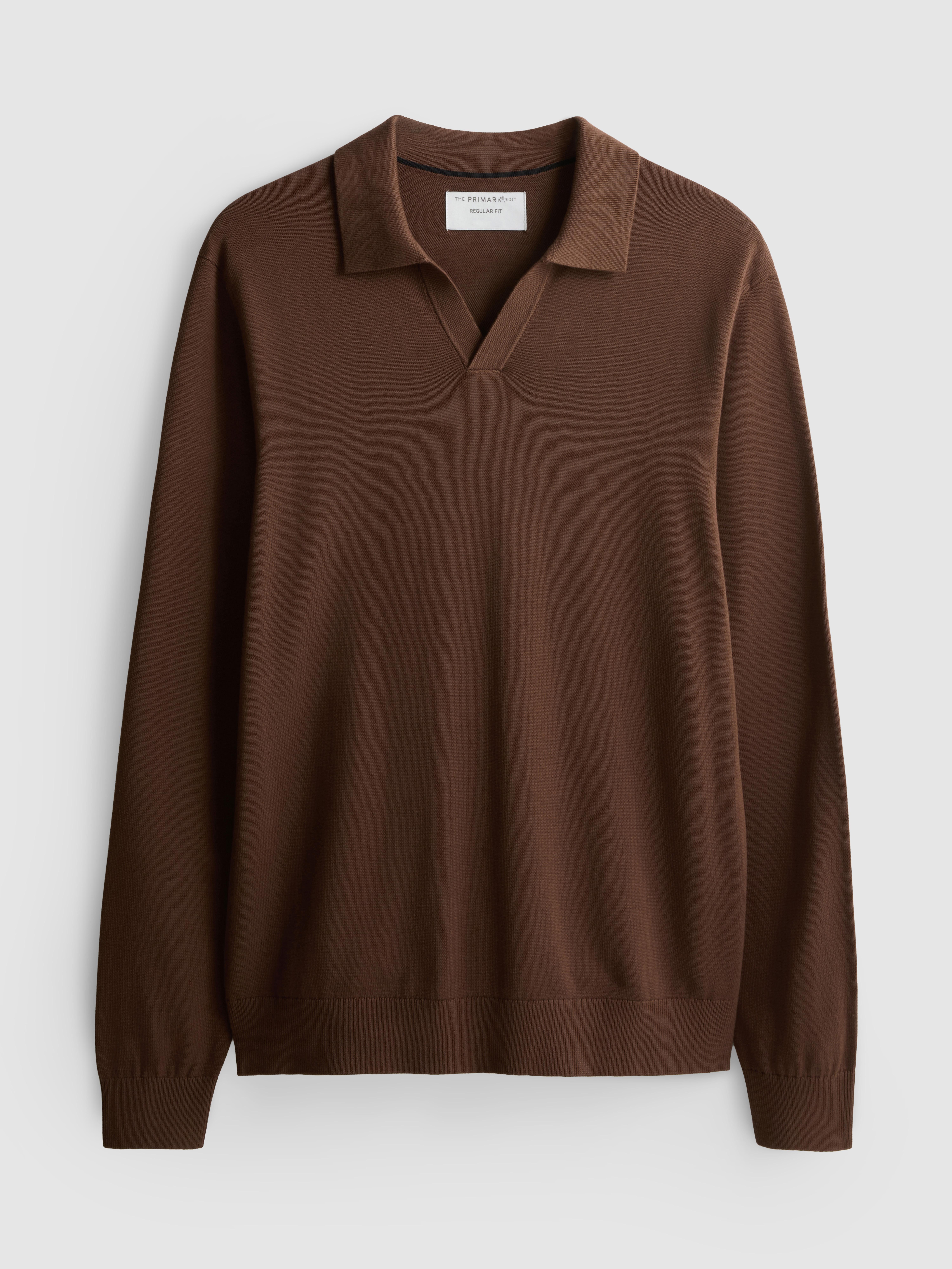 Knitted Long-Sleeve Polo Shirt - Dark Brown