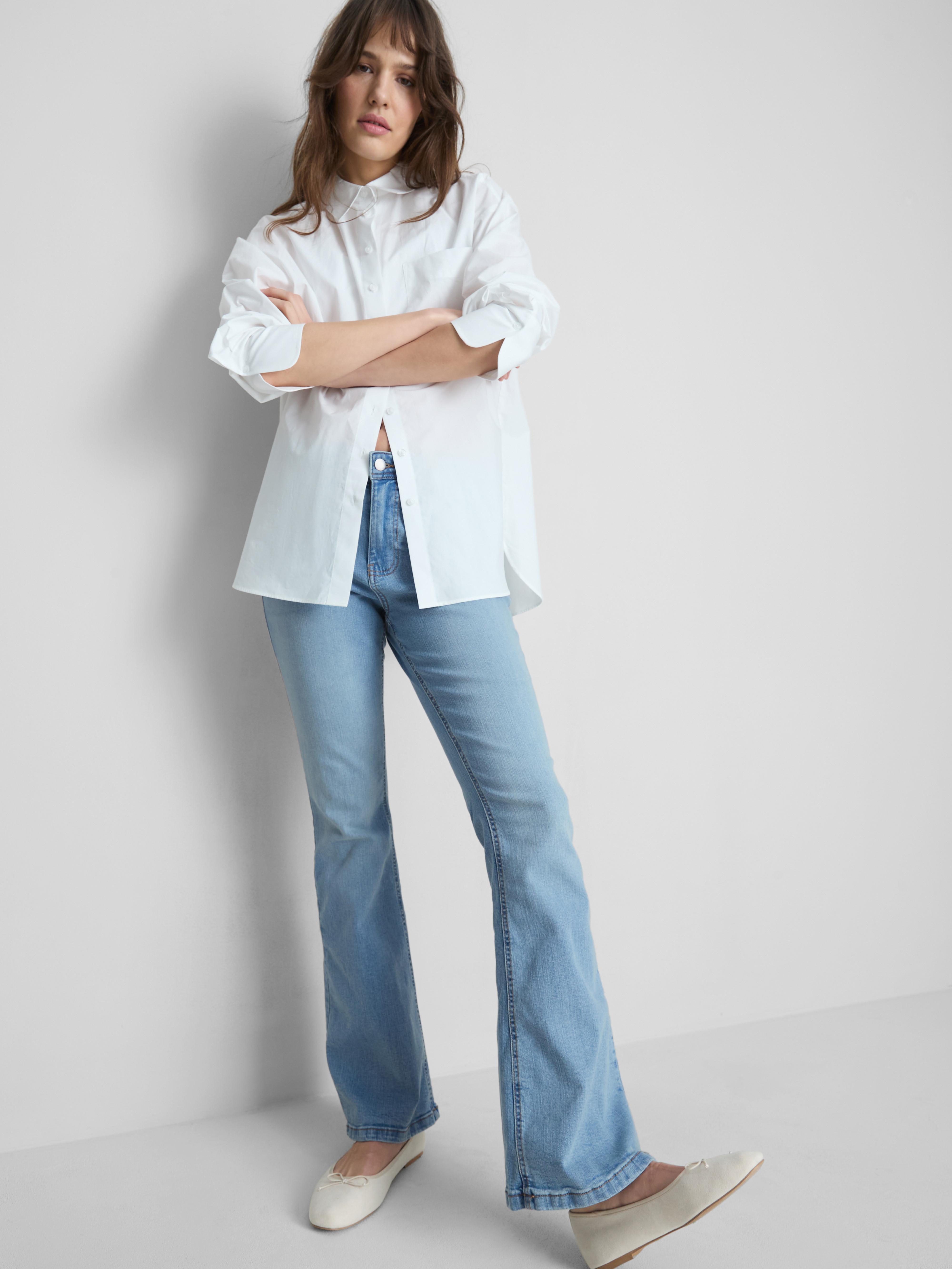 Cotton Denim Flared Mid-Rise Jeans - Light Blue