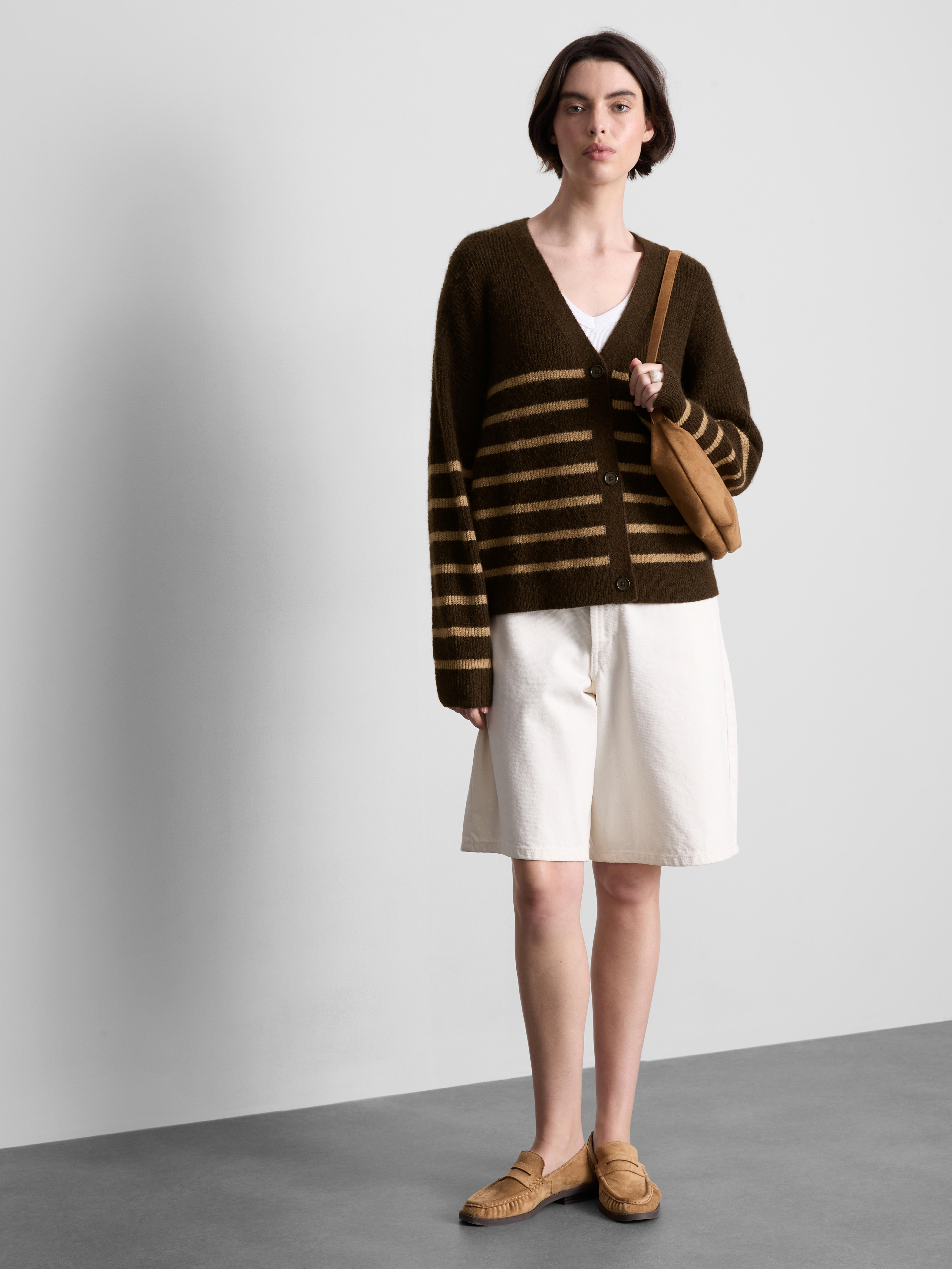 Soft Rib V-Neck Cardigan - Brown
