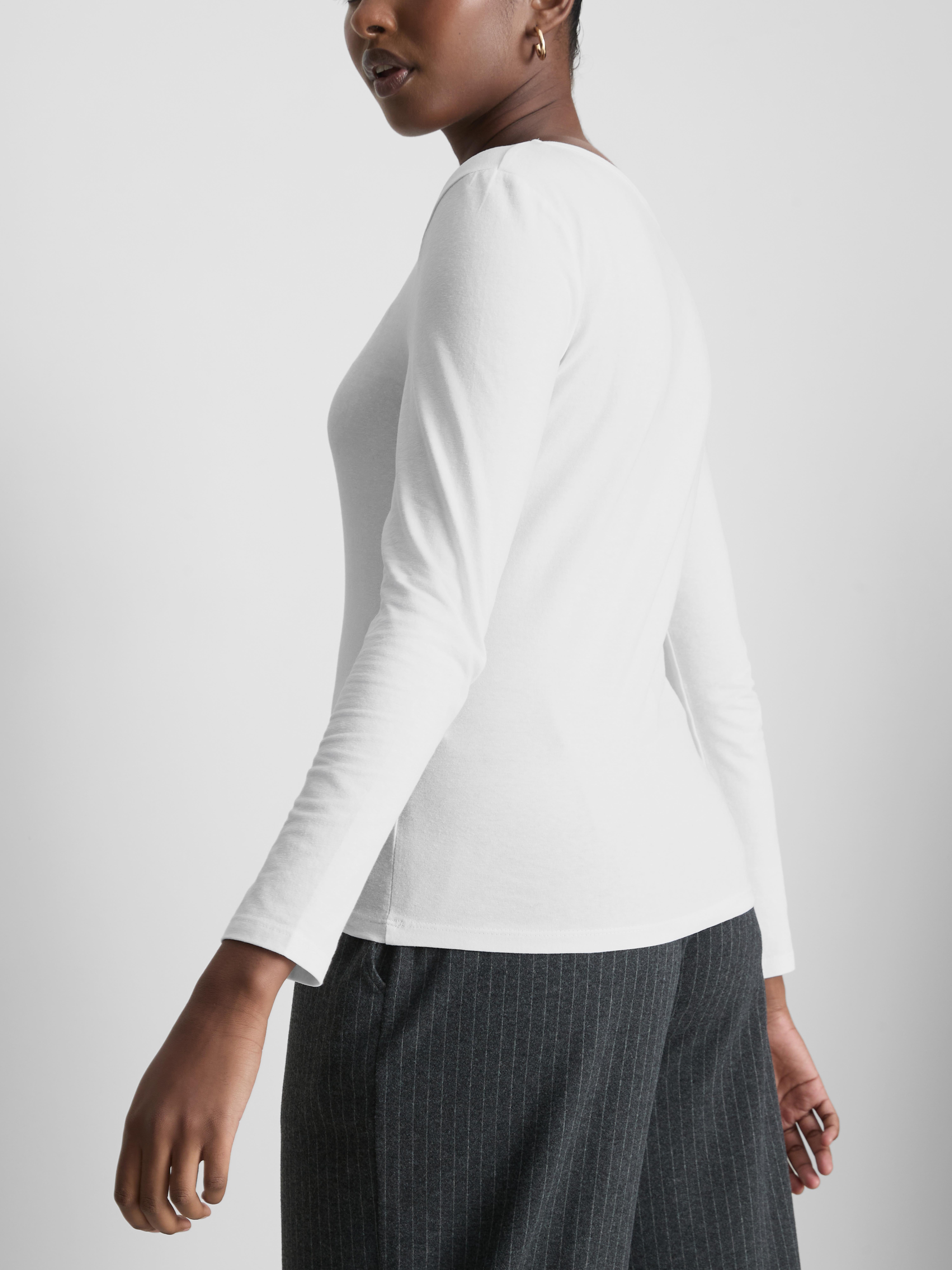 Cotton-Rich Long-Sleeve V-Neck Tee - White
