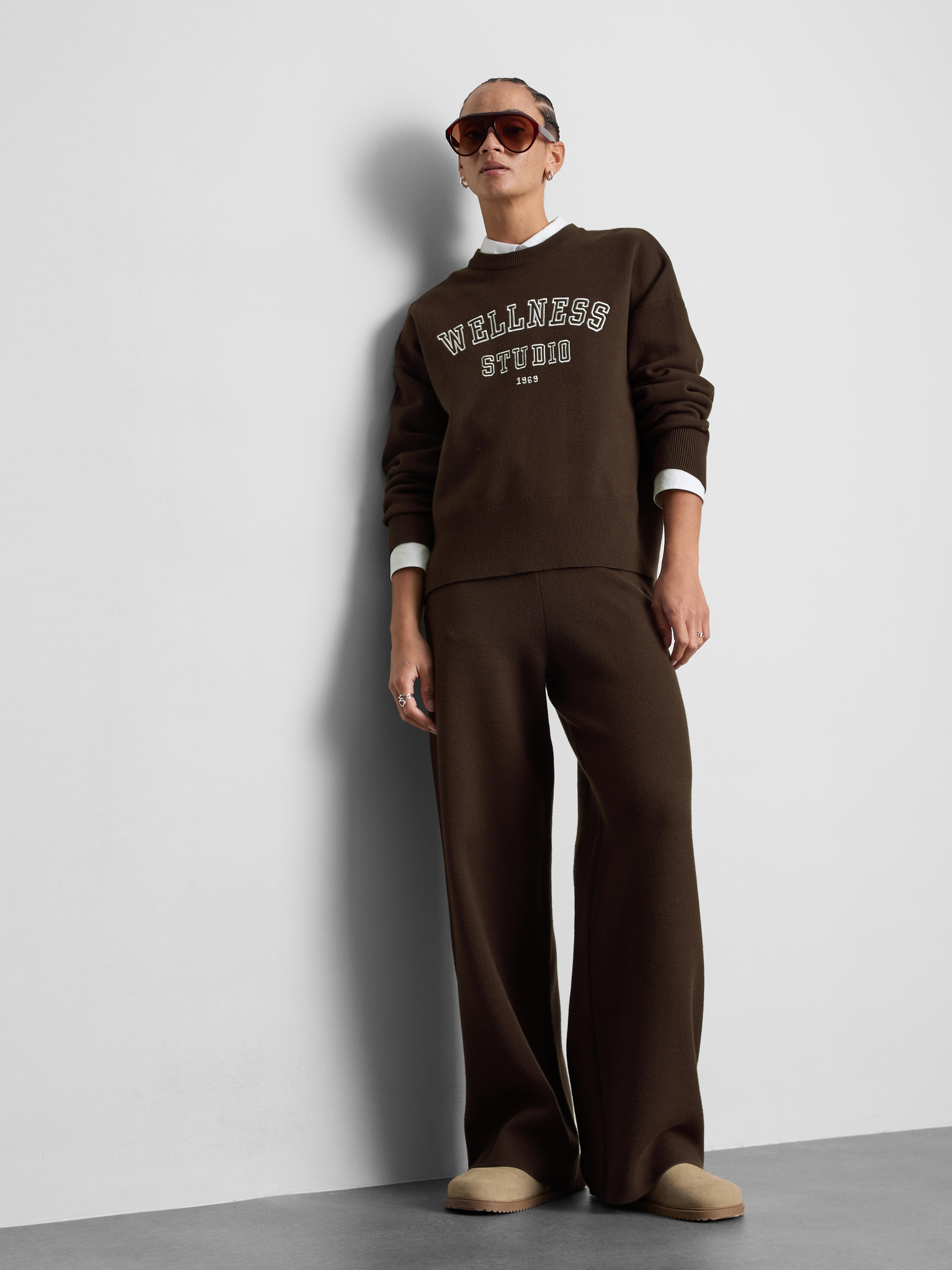 Compact Knit Wide Leg Leggings - Brown