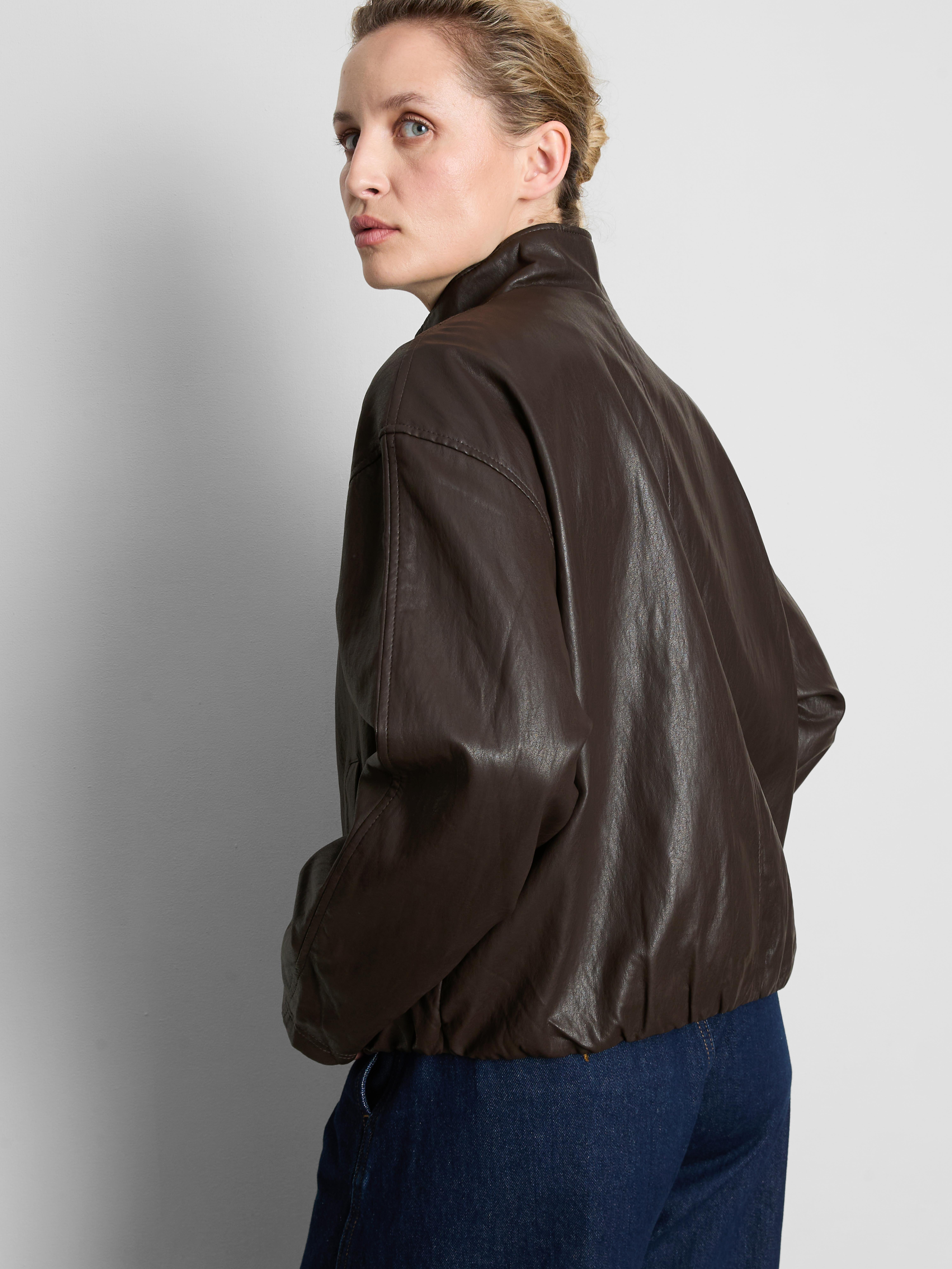 Faux Leather Funnel Jacket - Dark Brown