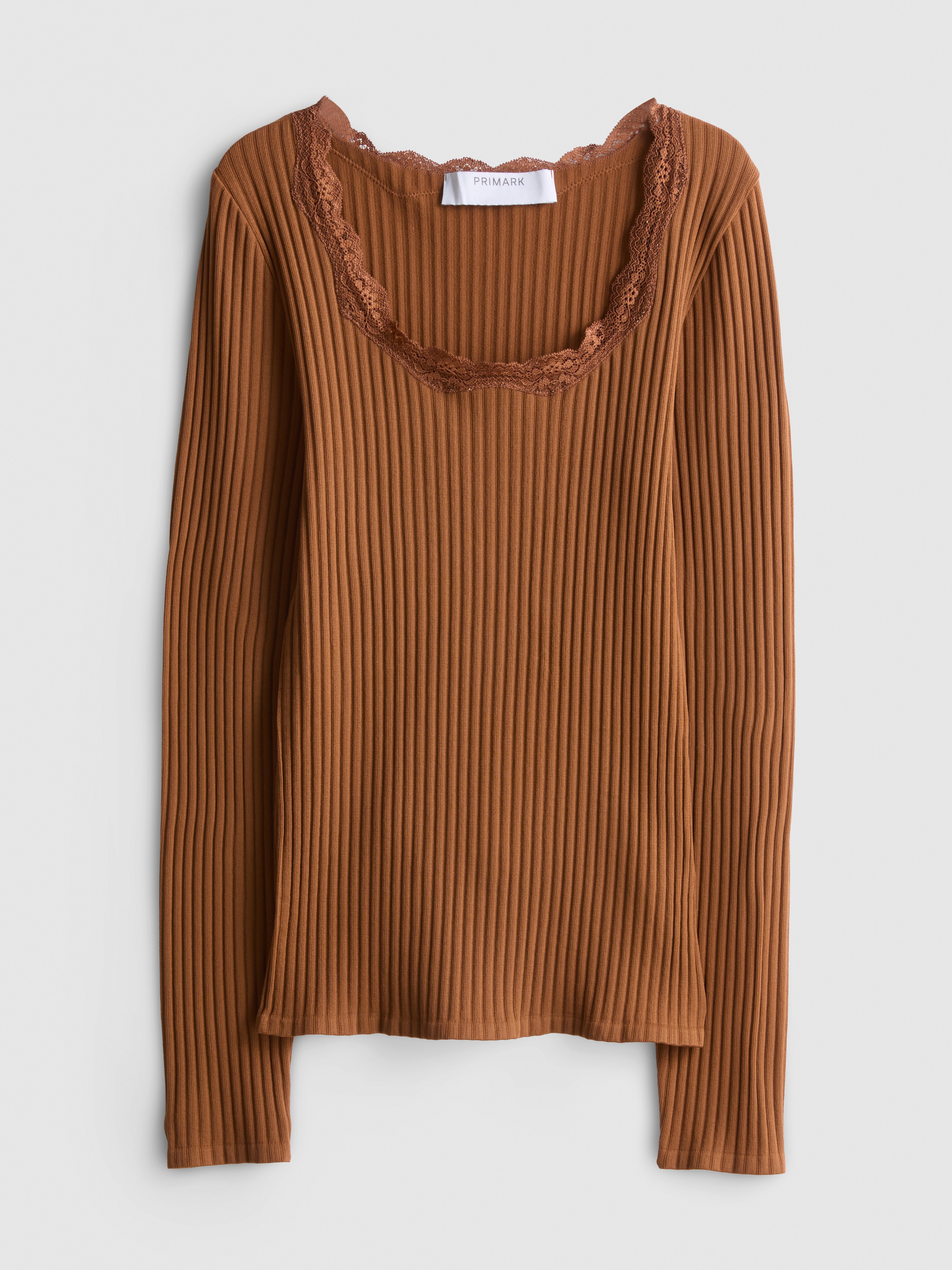 Ribbed Long-Sleeve Squareneck Top - Tan