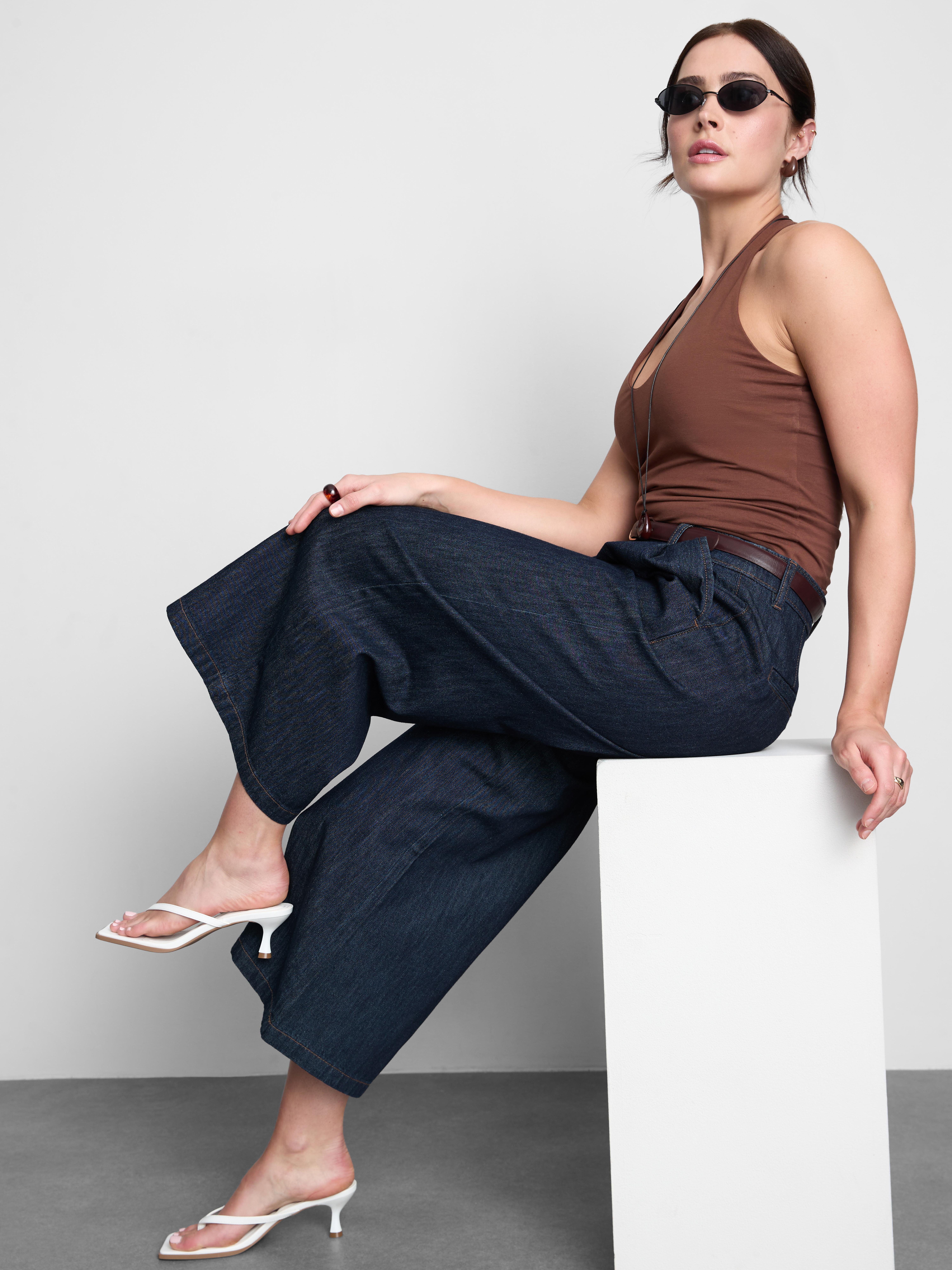 Cotton Denim Belted Culotte Pants - Indigo