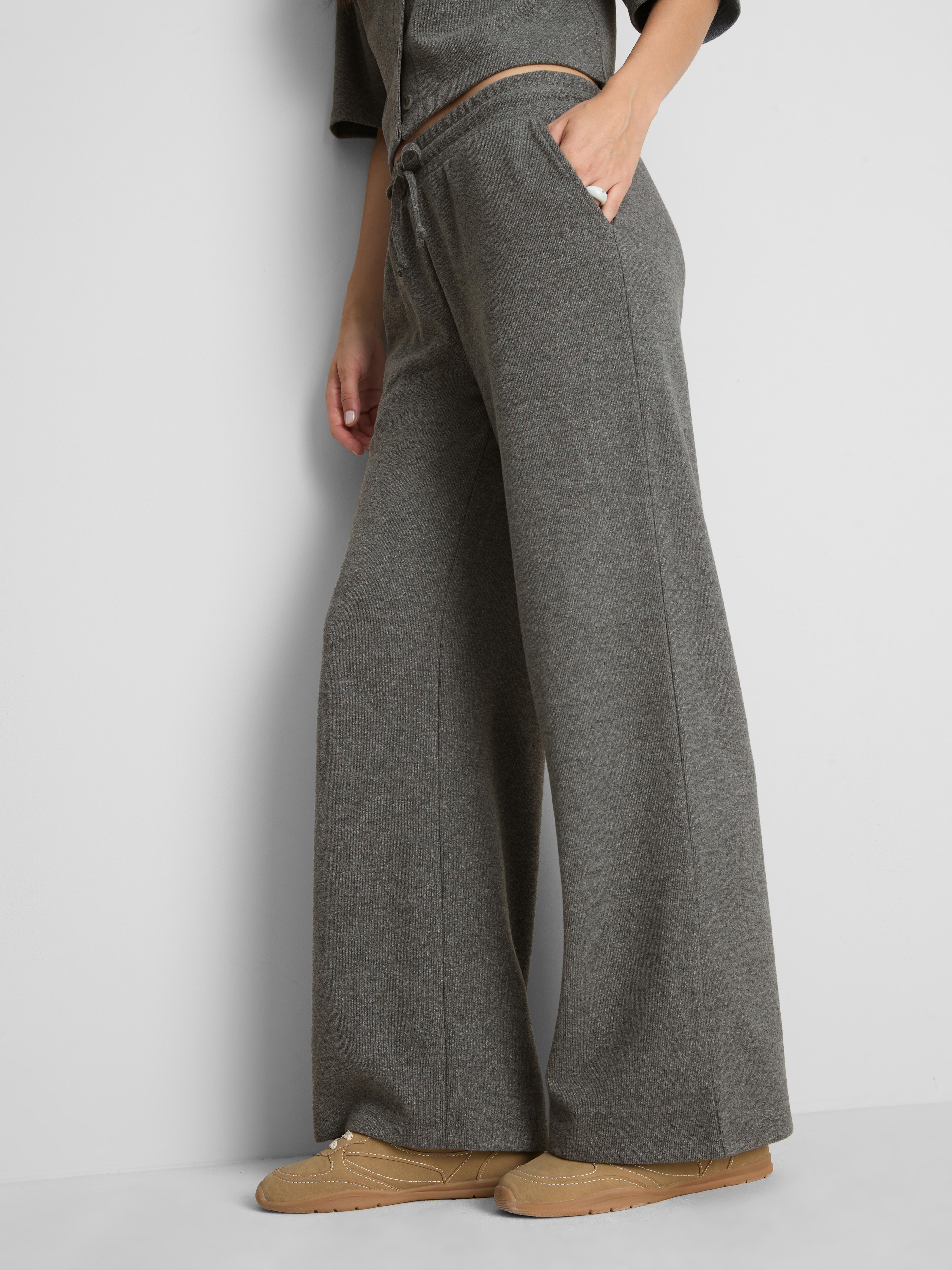 Cotton Blend Cozy Wide Leg Joggers - Gray Heather