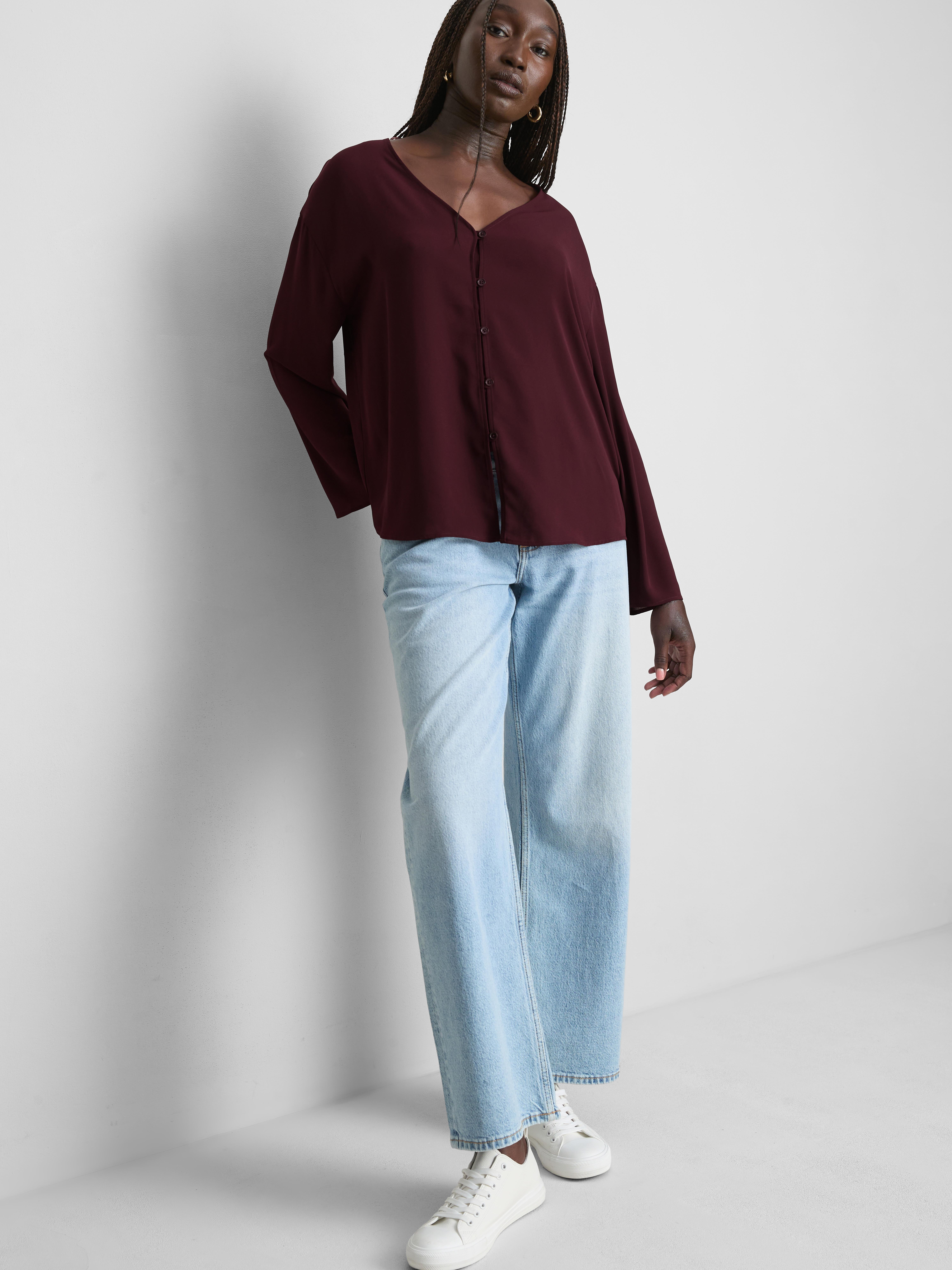 Crepe V-Neck Blouse - Burgundy