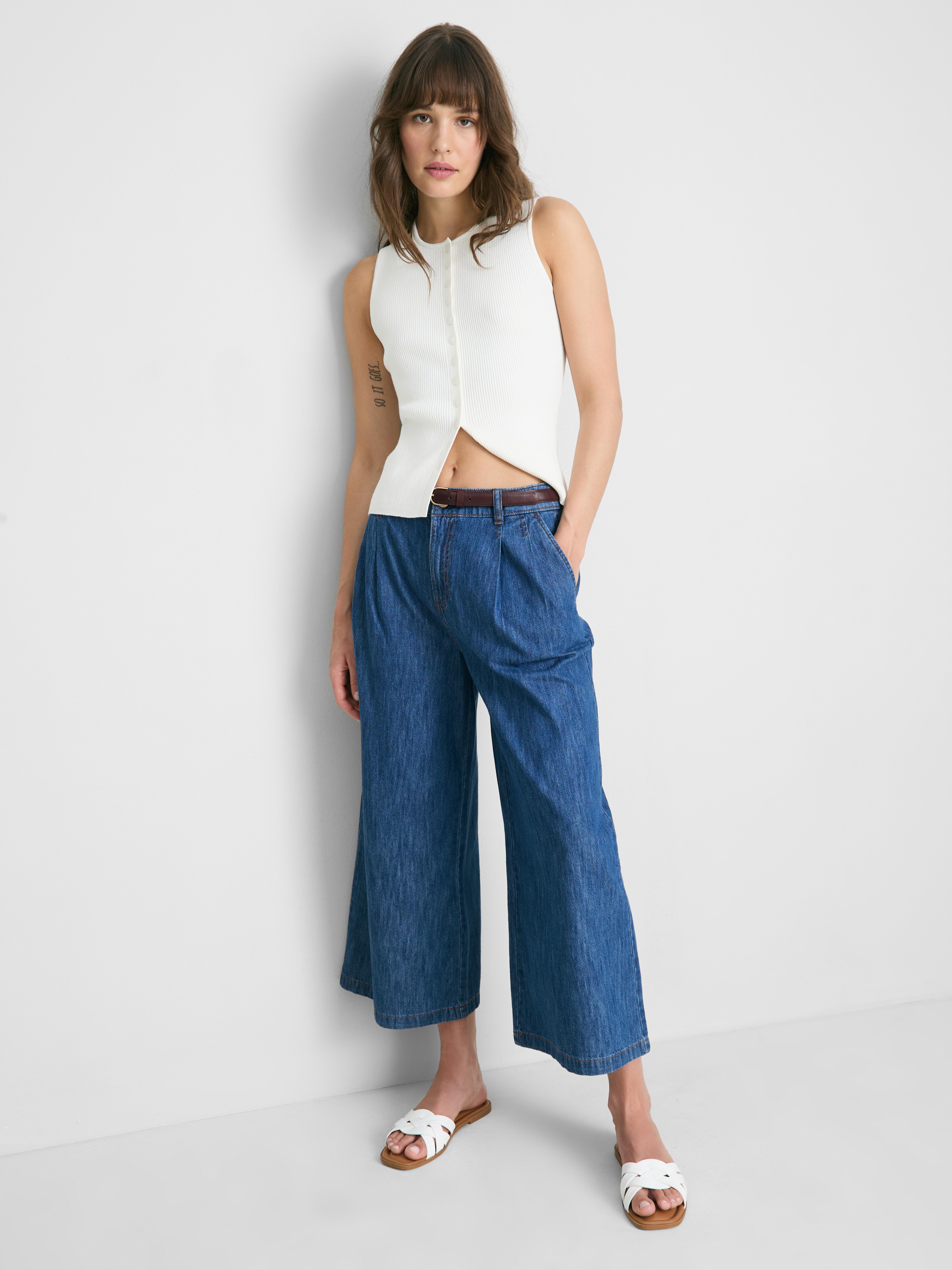 Cotton Denim Belted Culotte Pants - Mid Blue