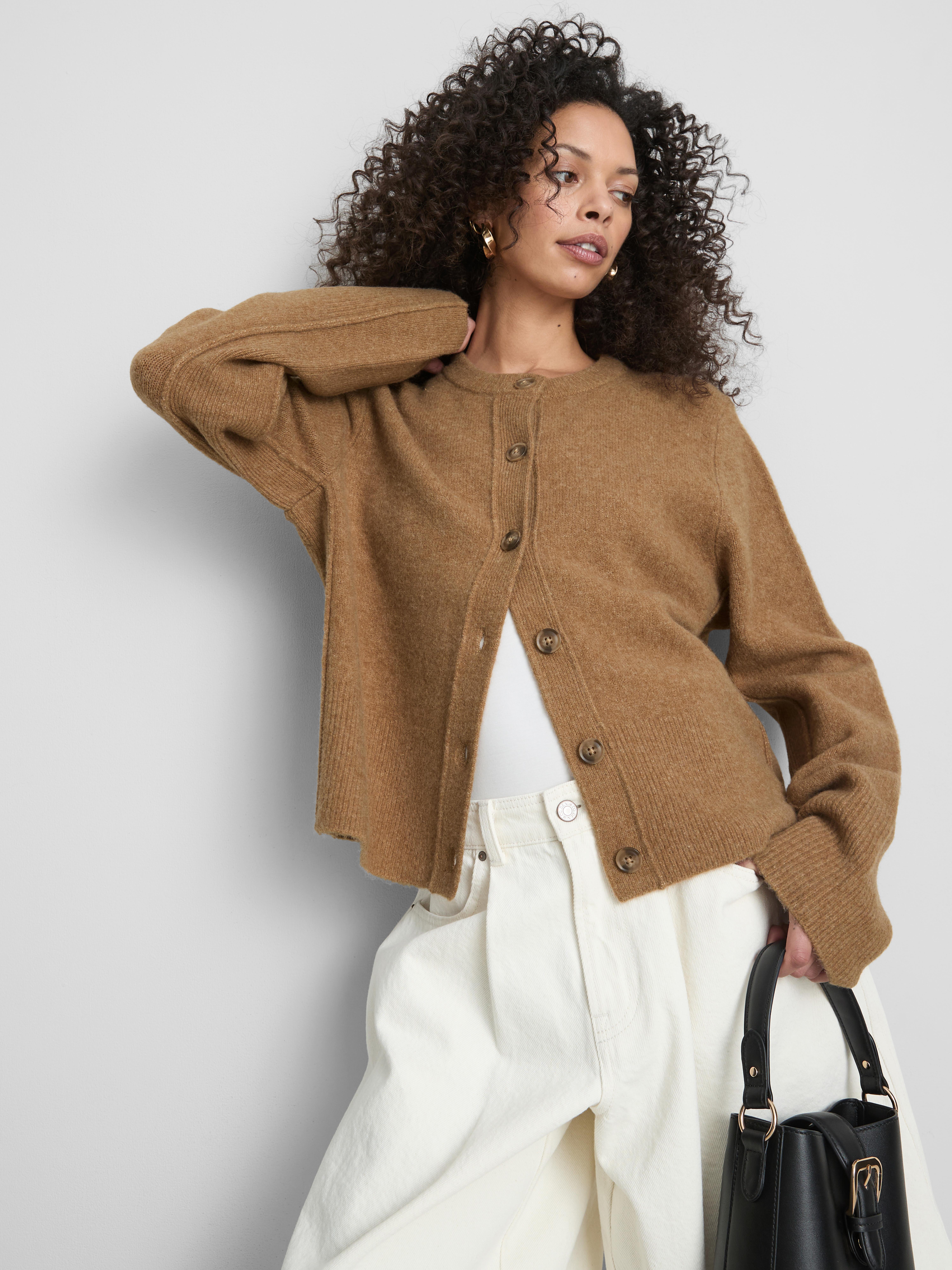 Relaxed Knitted Crew Neck Cardigan - Camel
