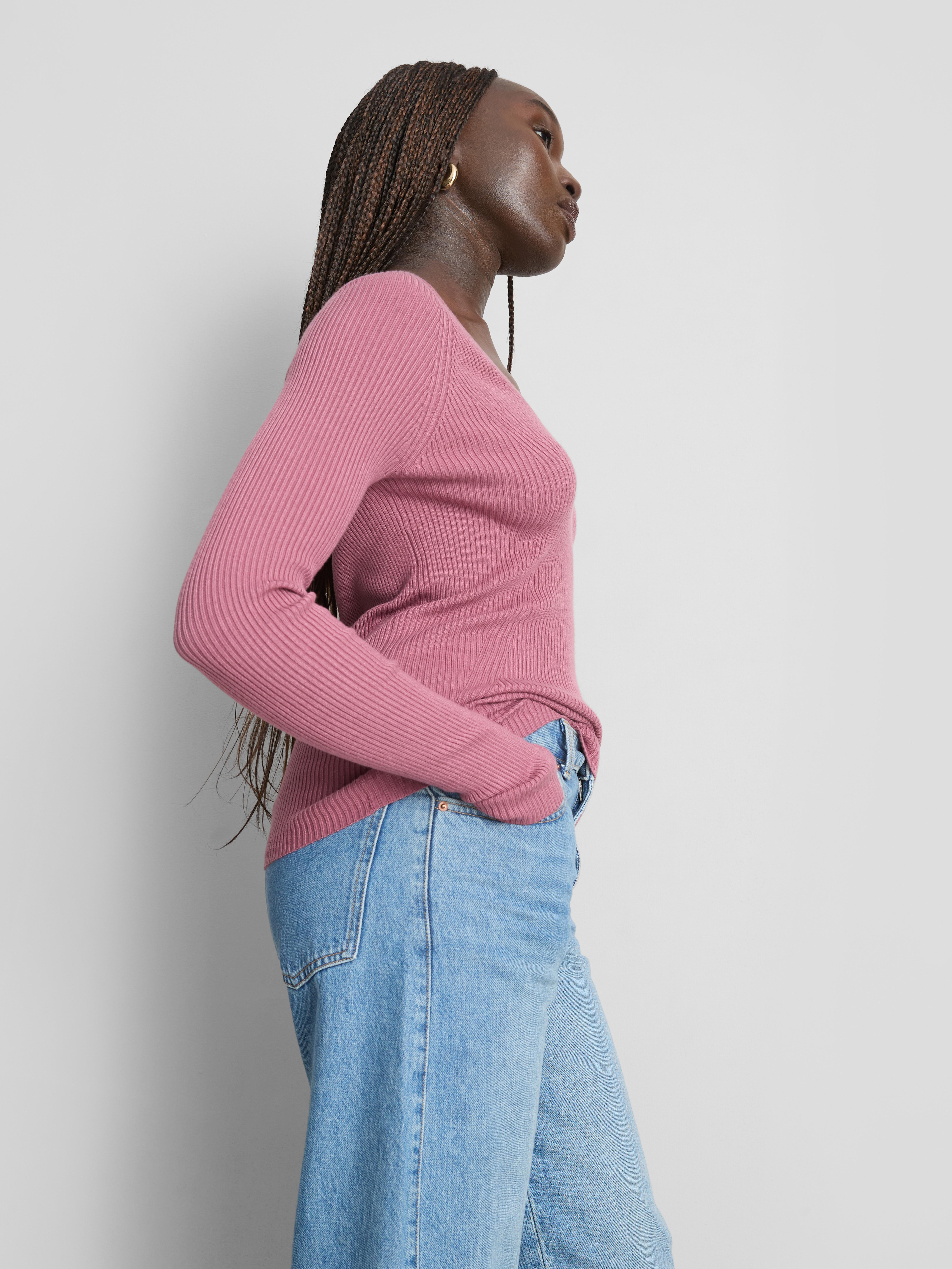 Ribbed V-Neck Sweater - Dark Pink