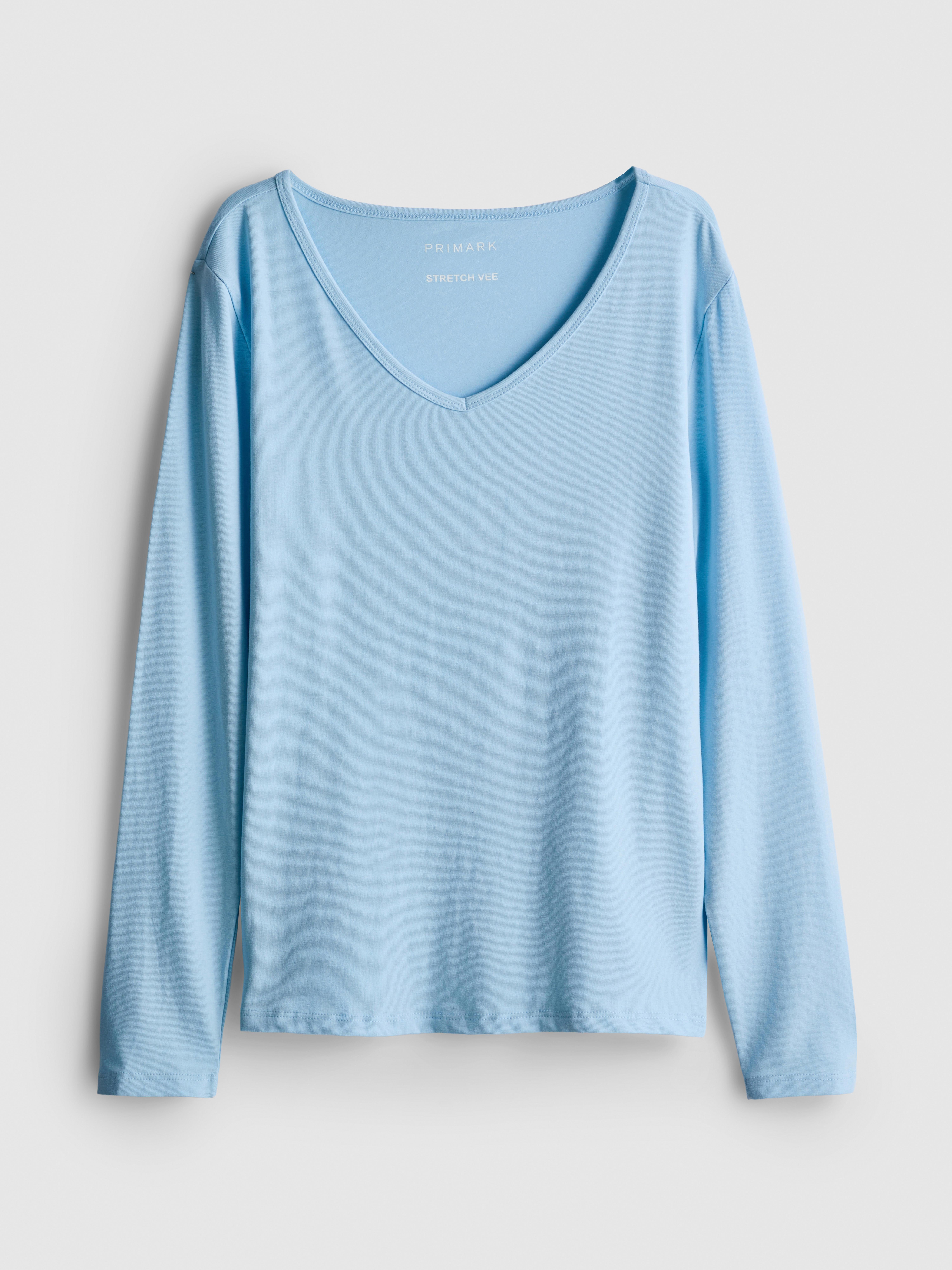 Cotton-Rich Long-Sleeve V-Neck Stretch Top - Light Blue