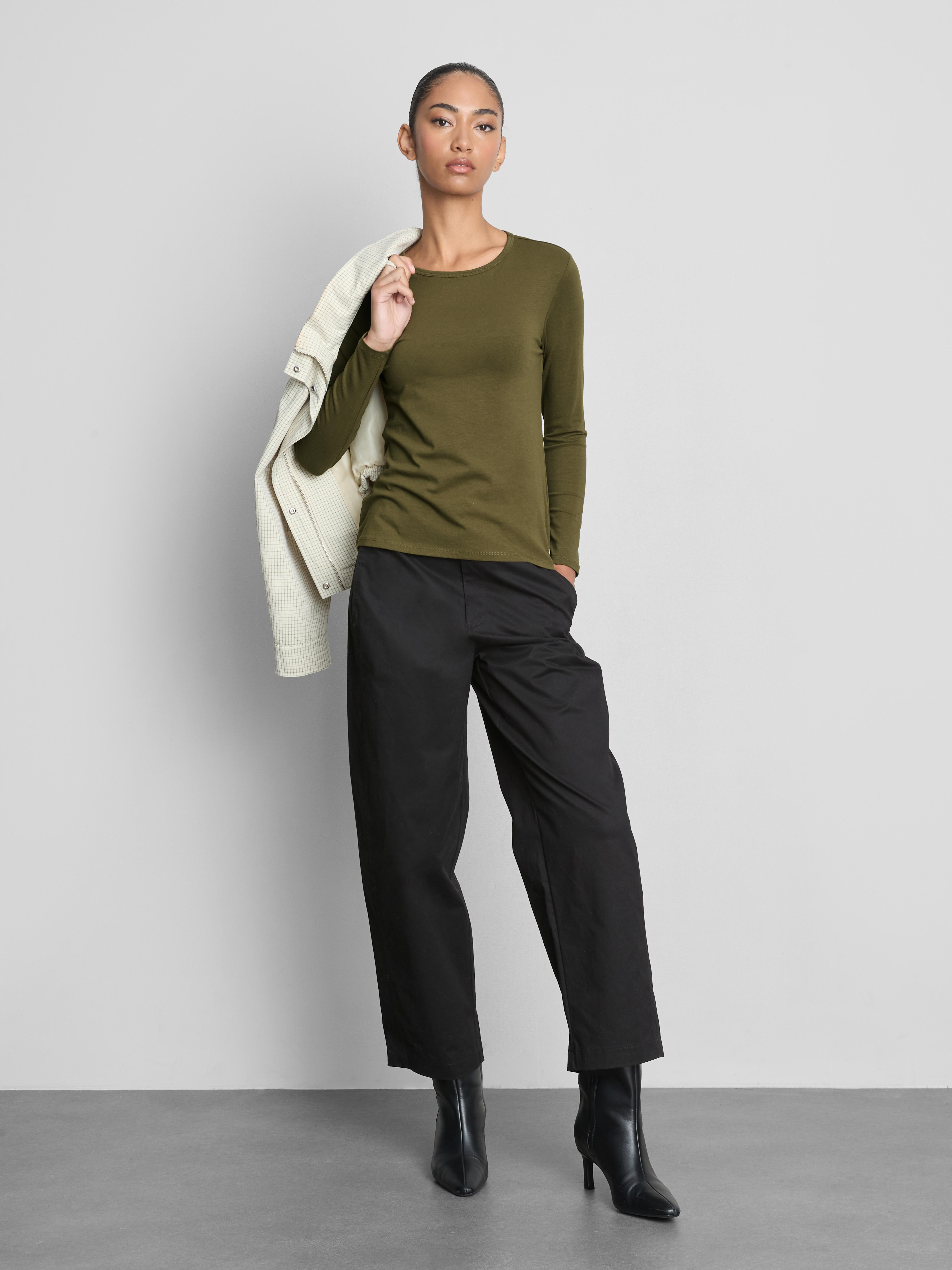Cotton-Rich Stretch Long-Sleeve Crewneck Top - Olive