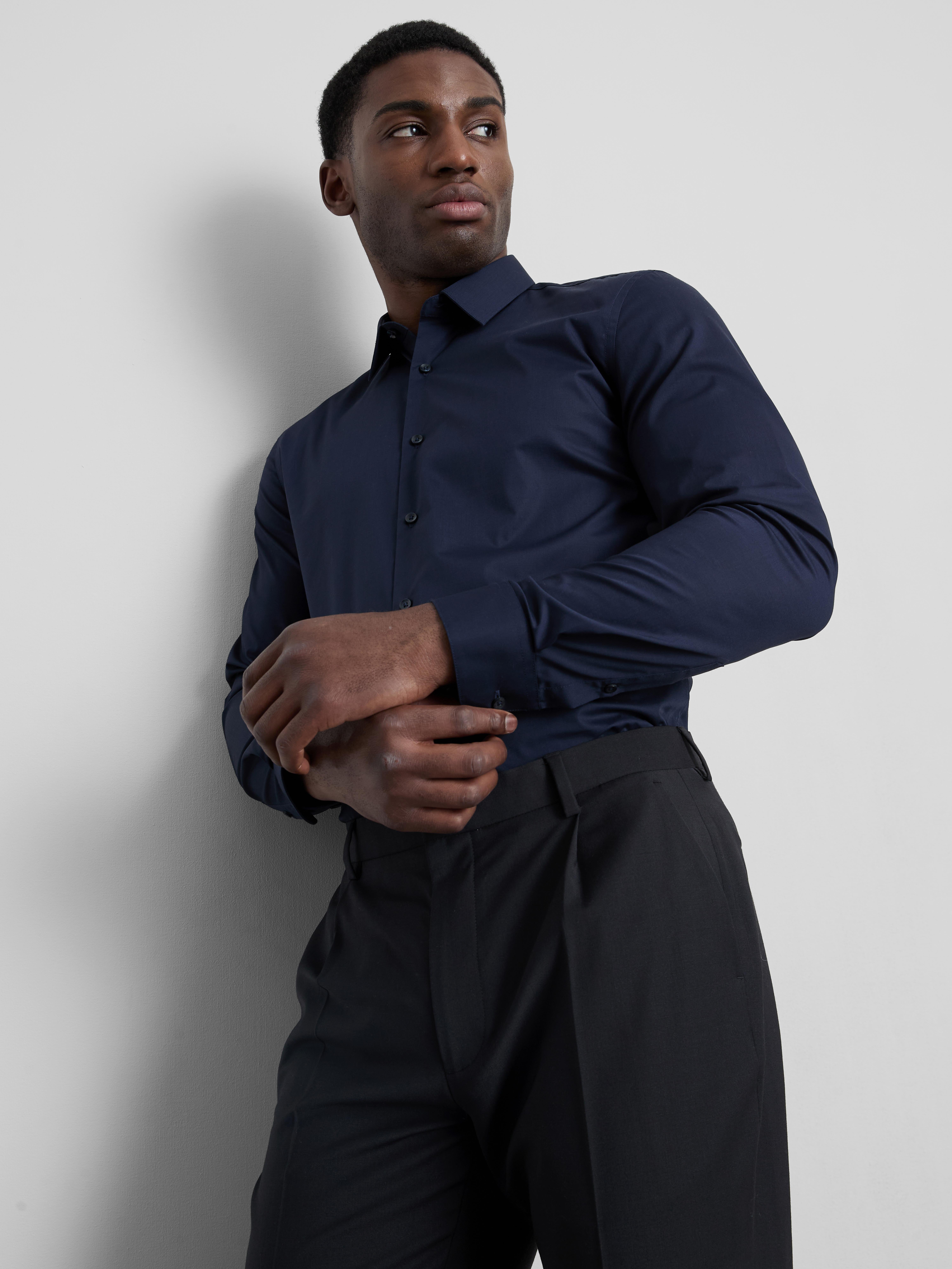 Slim Fit Stretch Button-Up Shirt - Navy