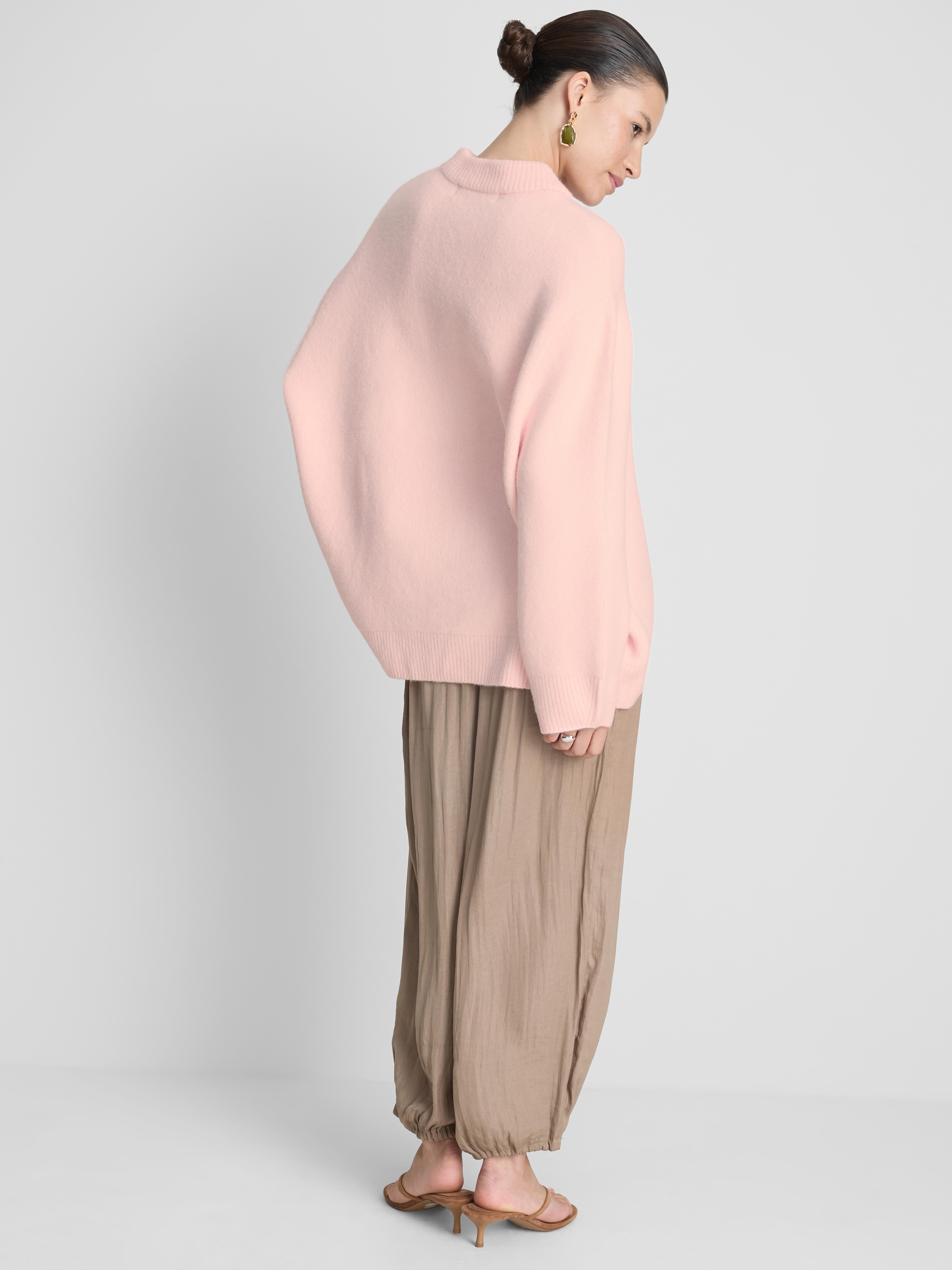 Wool Blend Oversized Crew Neck Sweater - Light Pink