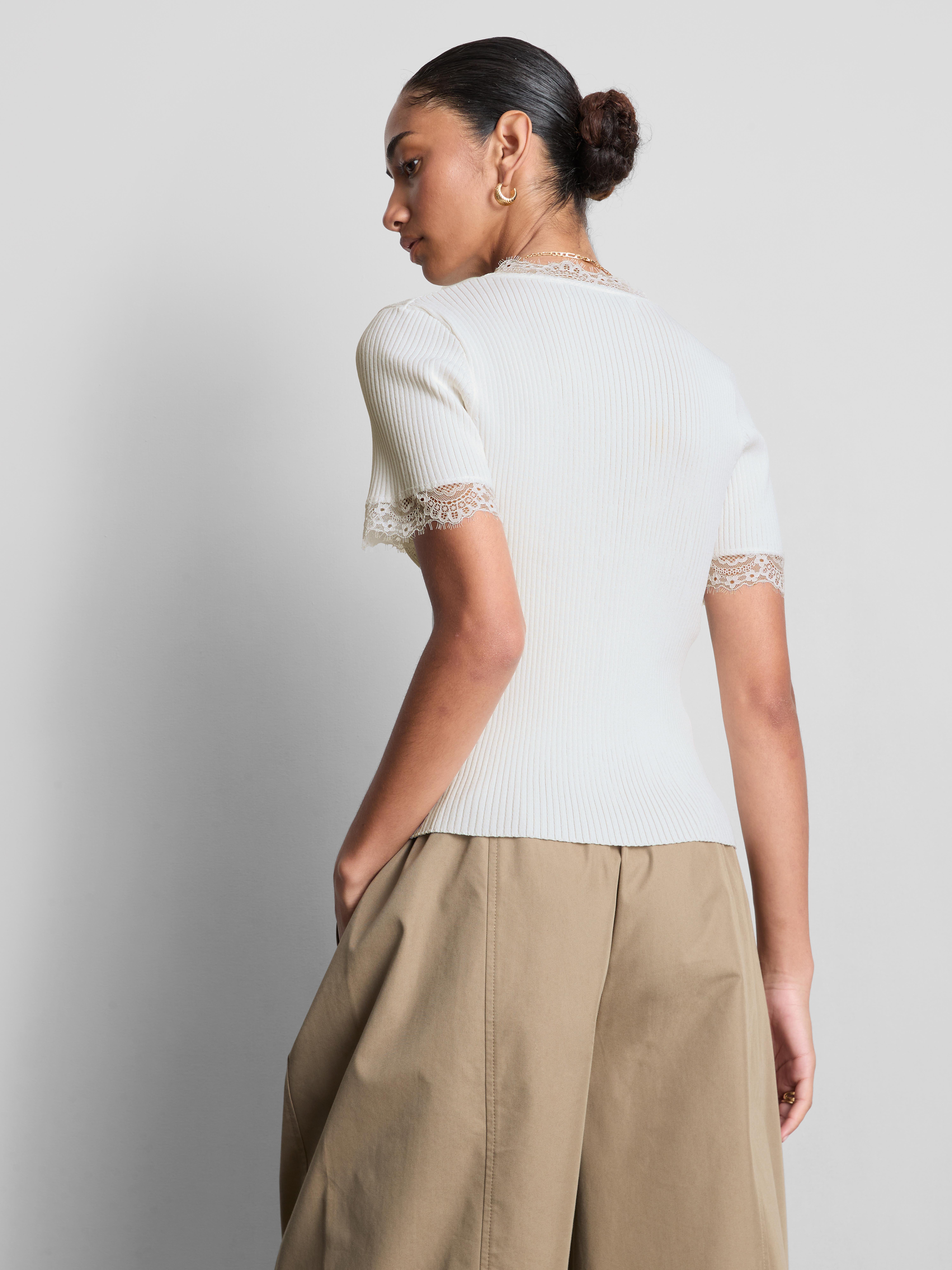 Ribbed Lace-Trim Tee - Ivory