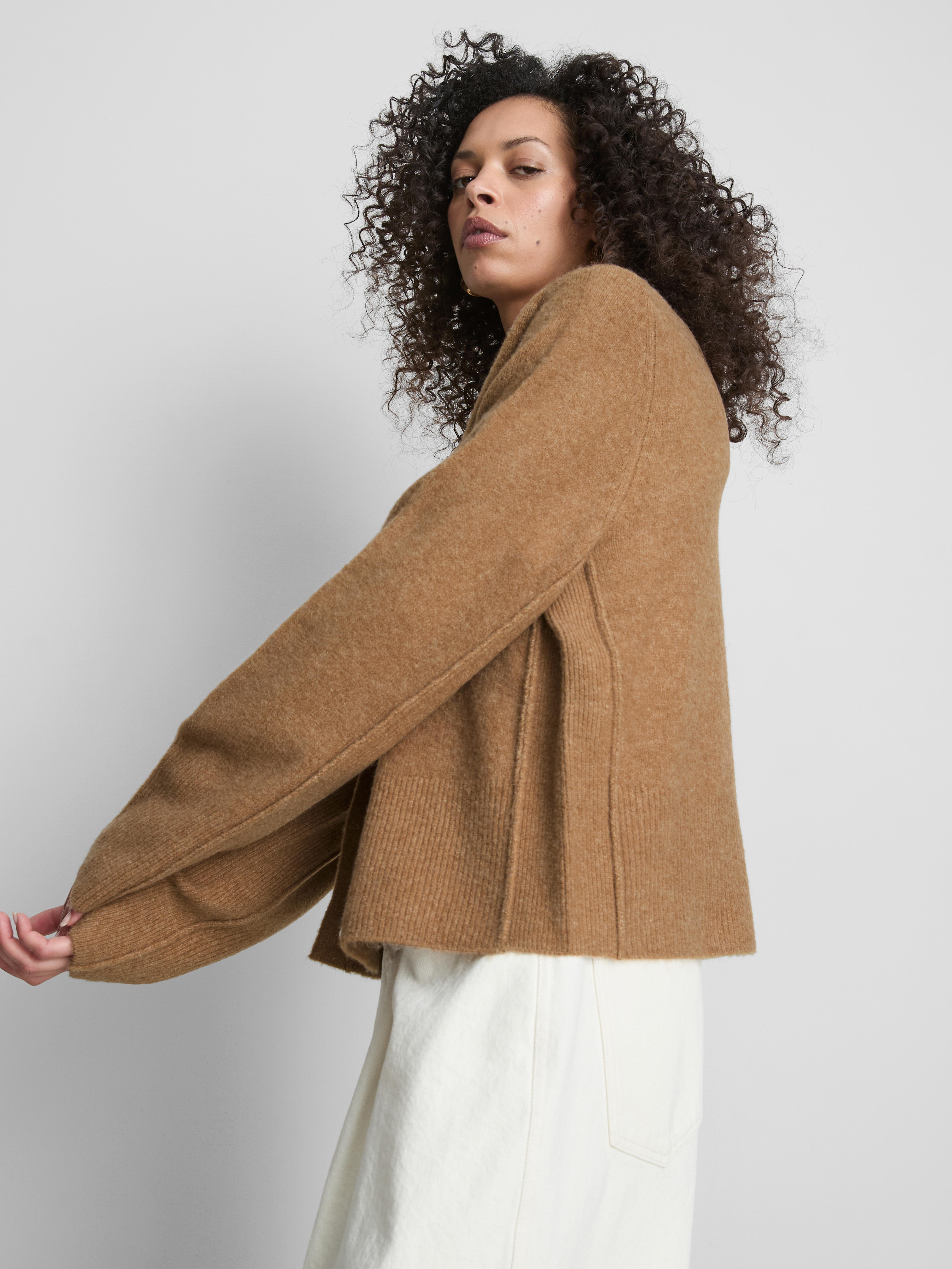 Relaxed Knitted Crew Neck Cardigan - Camel
