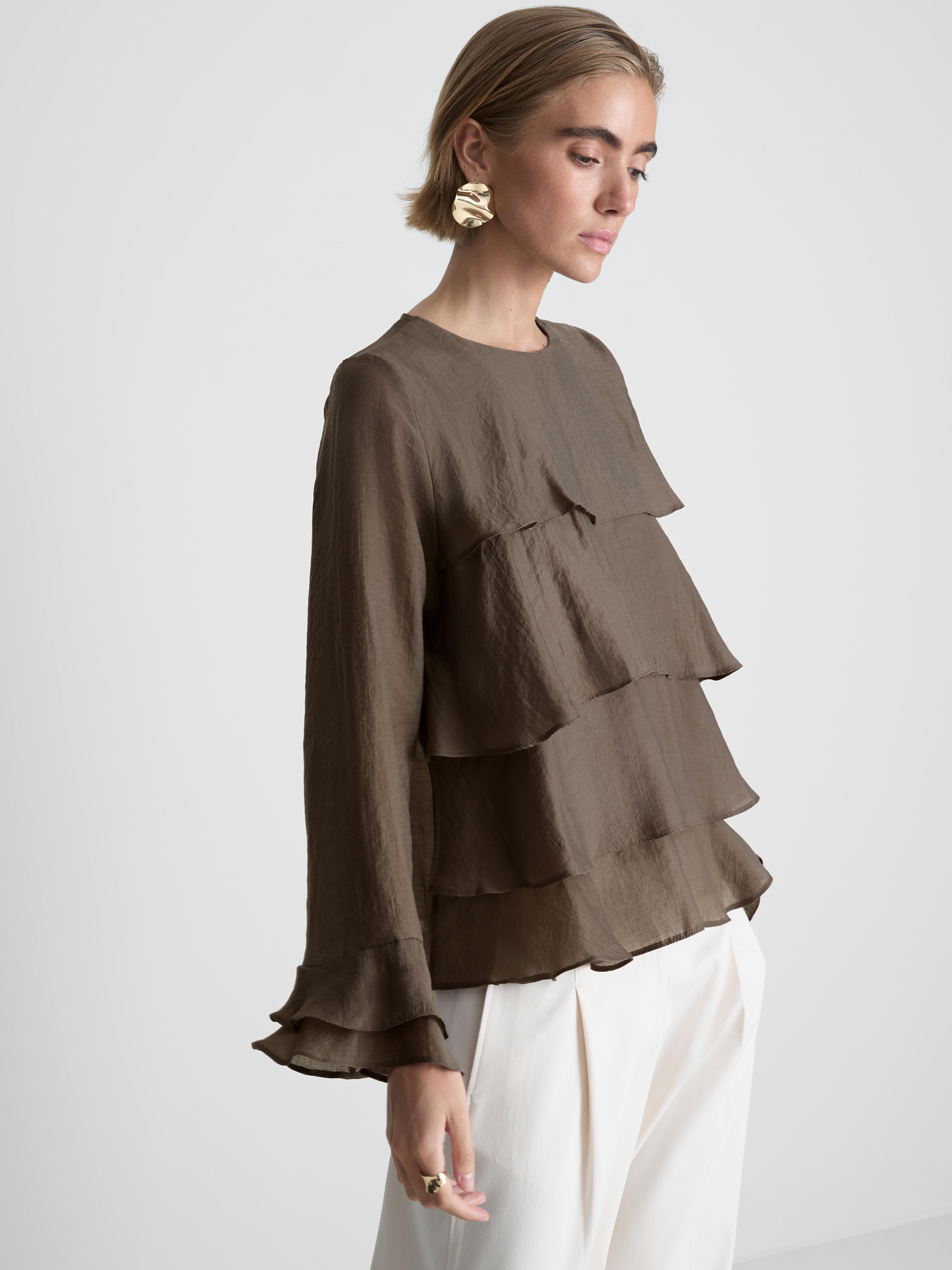 Tiered Long-Sleeve Blouse - Chocolate