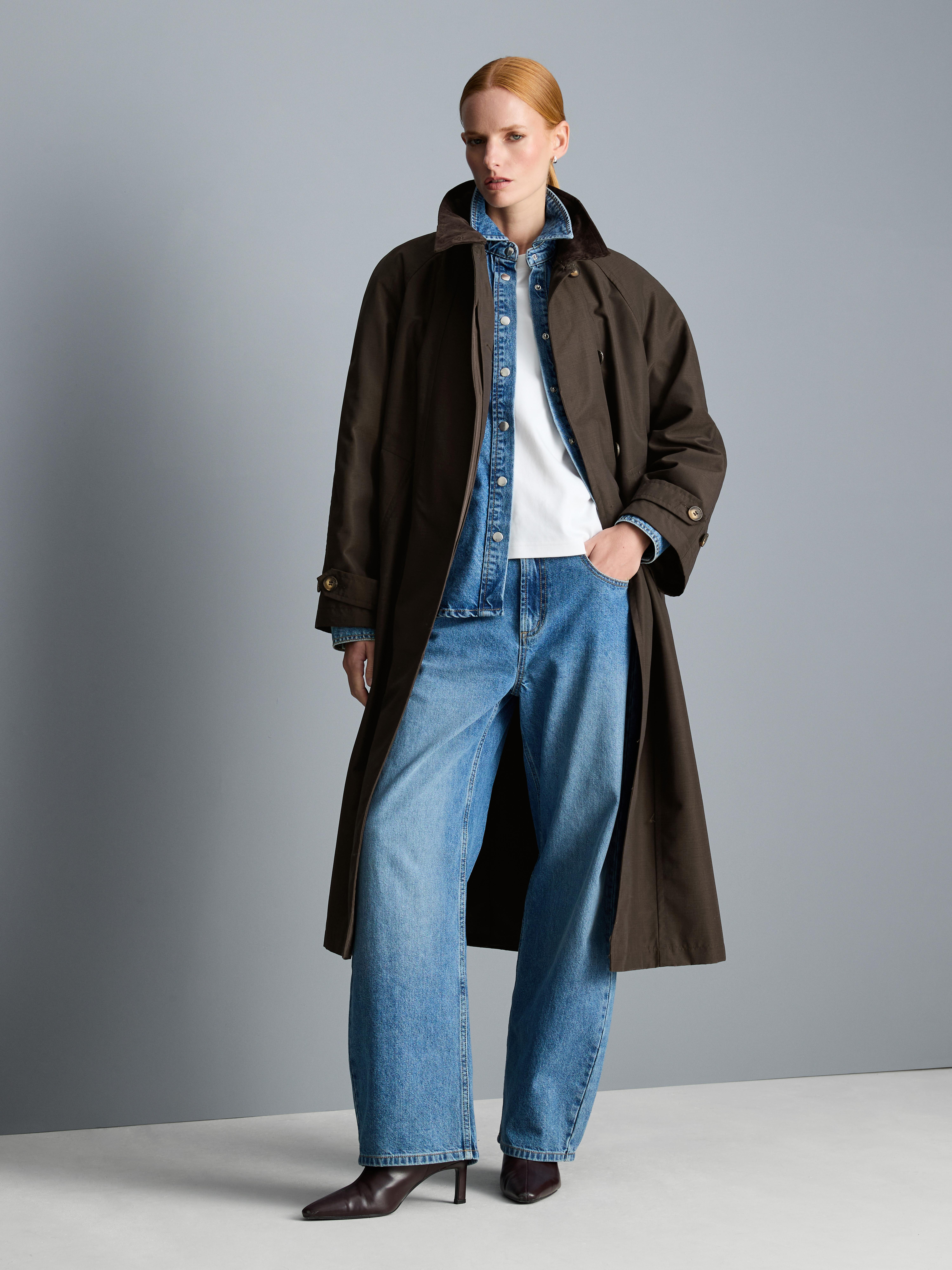 High Neckline Long Raincoat - Brown